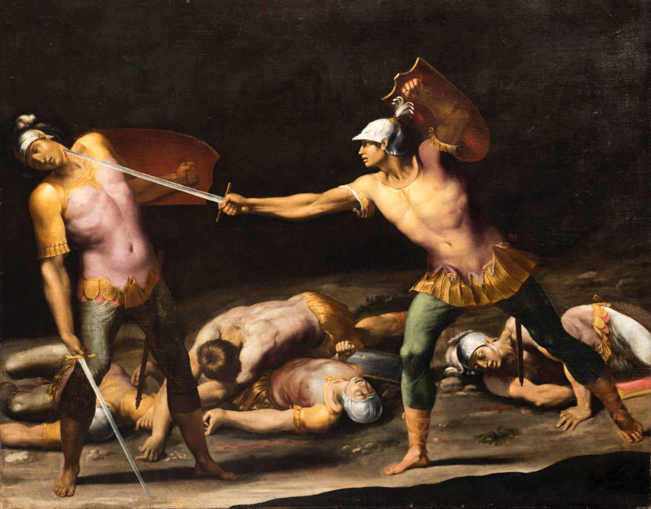 Giuseppe Cesari detto il Cavalier d'Arpino, Battaglia tra Orazi e Curiazi (olio su tela, 120,9 x 152,9 cm). Presentato da Colnaghi