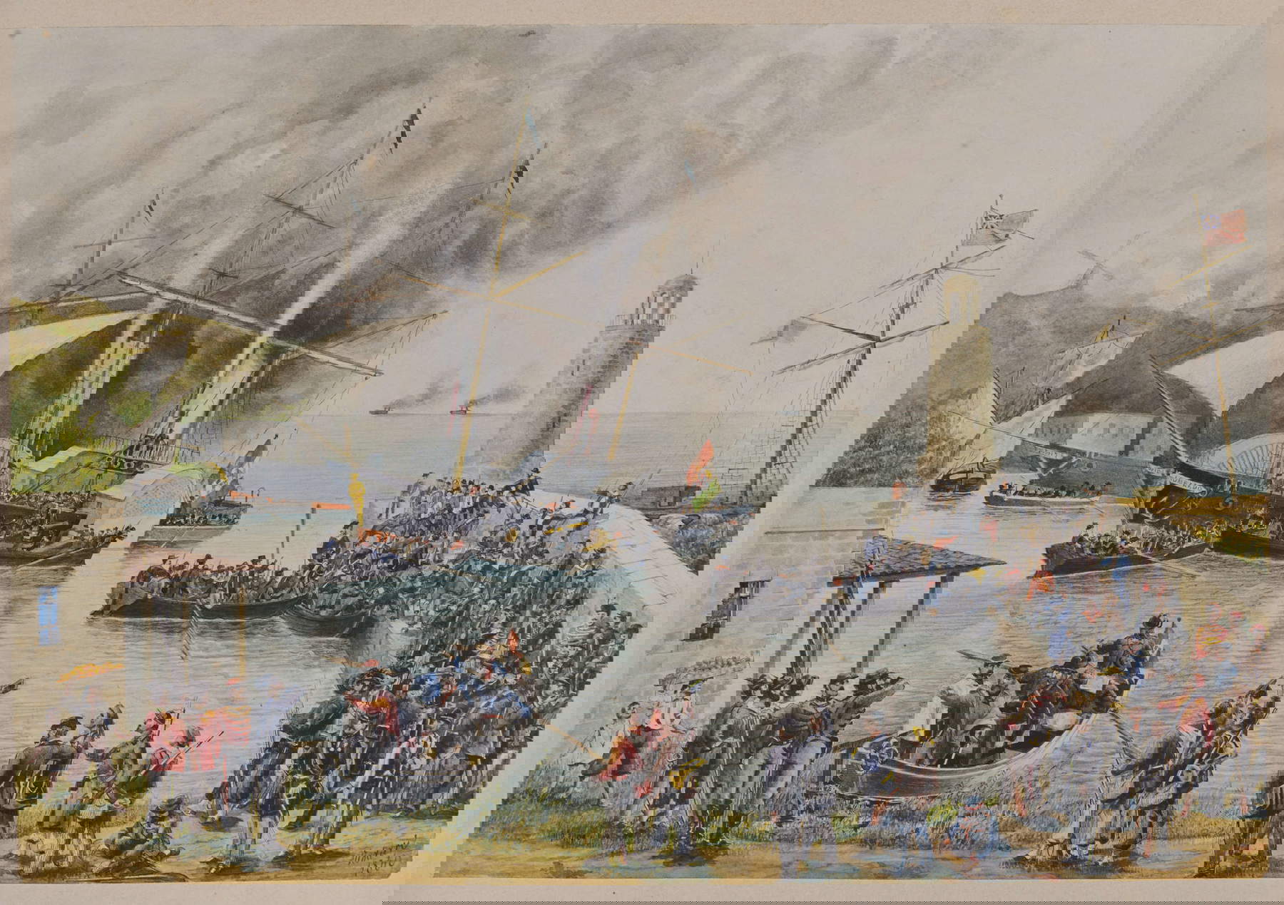 Giuseppe Nodari, Landing in the Port of Marsala (post 1860; Brescia, Museo del Risorgimento Leonessa d'Italia, repository of the AMICHAE Association)