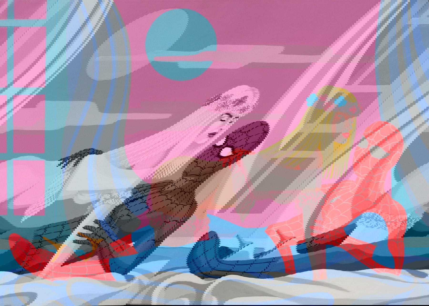 Giuseppe Veneziano, SpidermanSuperSex (2019; acrylic on canvas, 70x100 cm)