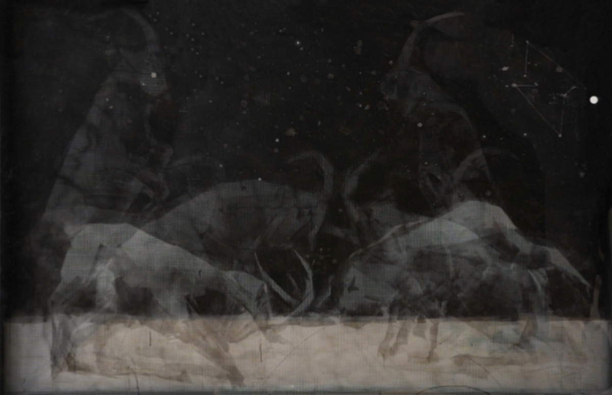 Gonzalo Borondo, Encuentro I (2023; acrylic enamel on fiberglass mesh, 100 x 150 cm)