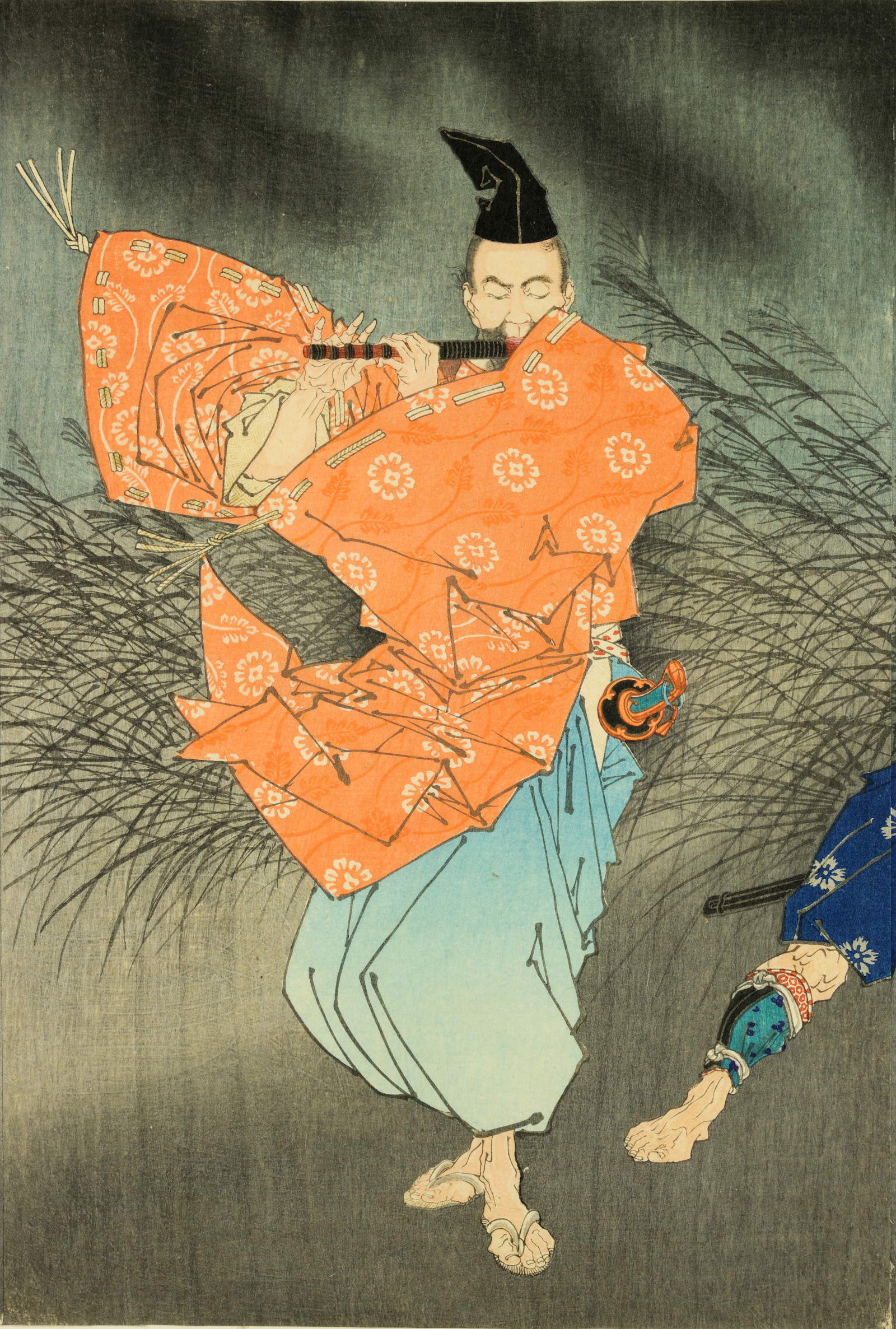 Fujiwara no Yasumasa suona il flauto al chiaro di luna, Tsukioka Yoshitoshi,1883, Trittico di stampe, silografia policroma (nishikie)