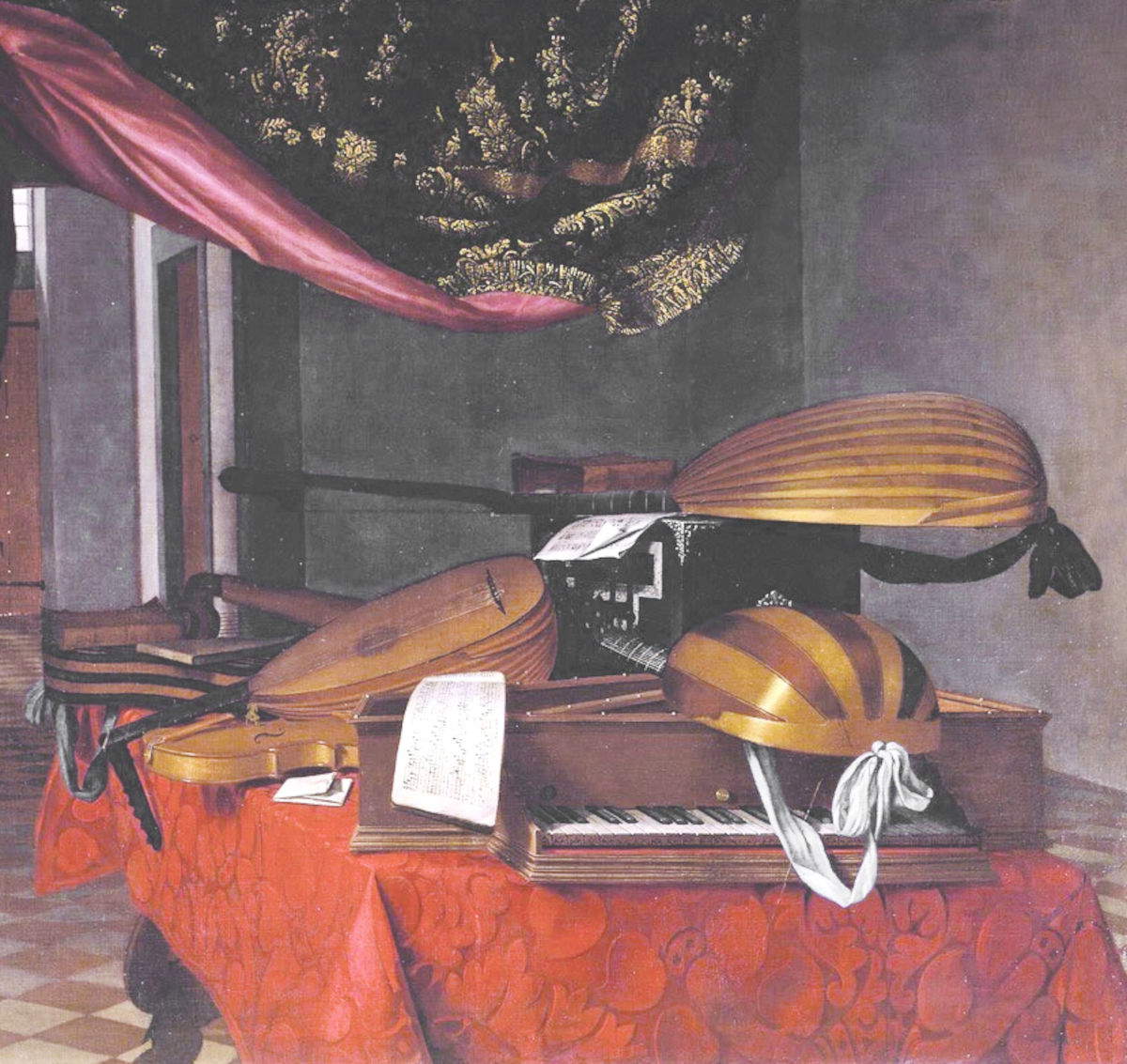Evaristo Baschenis, ou Guarisco, Nature morte avec instruments de musique dans un intérieur (vers 1650 ; huile sur toile, 116 x 147 cm ; collection privée) Licence : Wikimedia Commons