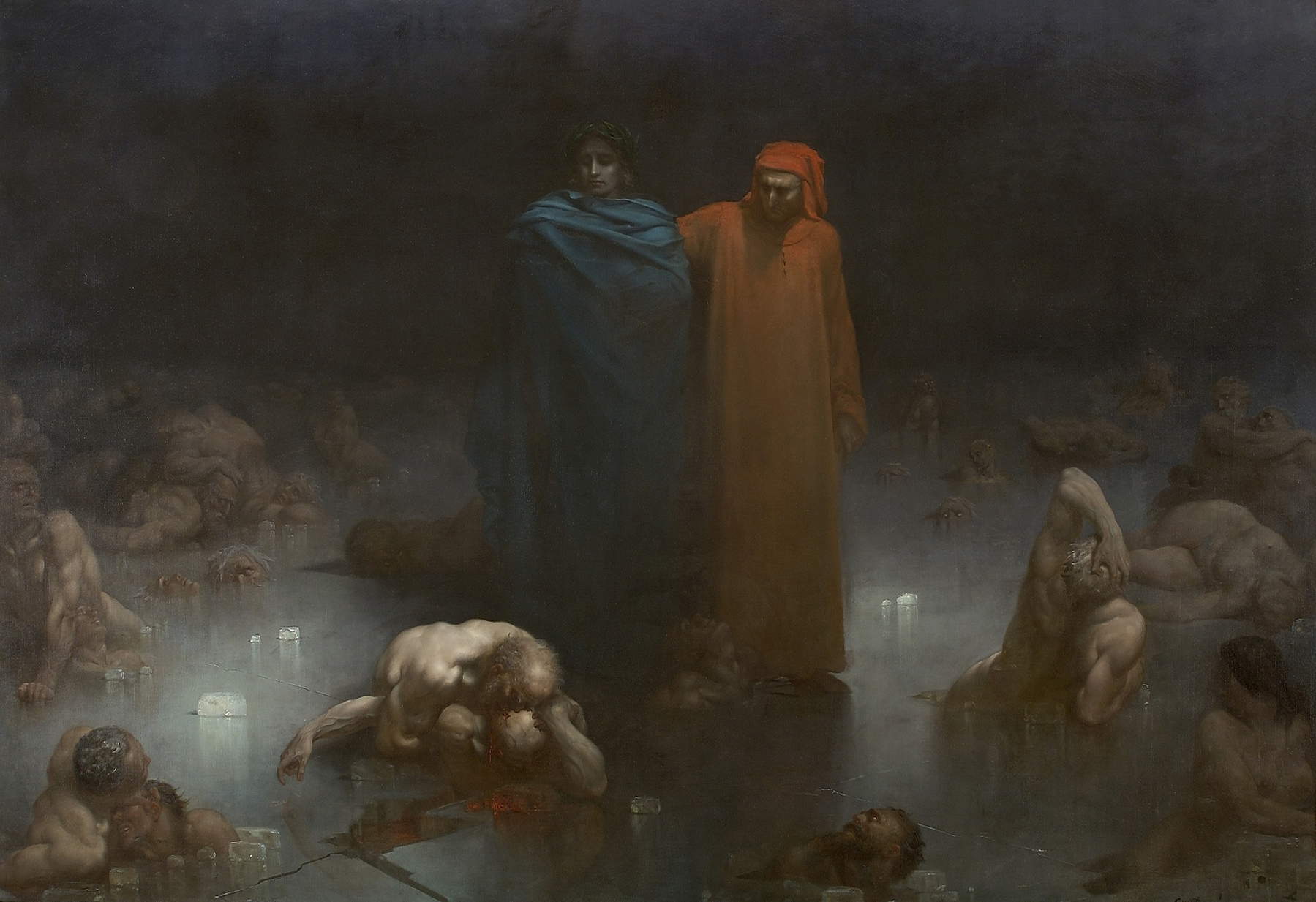 Gustave Dor&eacute;, Dante und Vergil im neunten Kreis der Hölle (1861; Öl auf Leinwand, 315 x 450 cm; Bourg-en-Bresse, Mus&eacute;e du Monast&egrave;re royal de Brou)