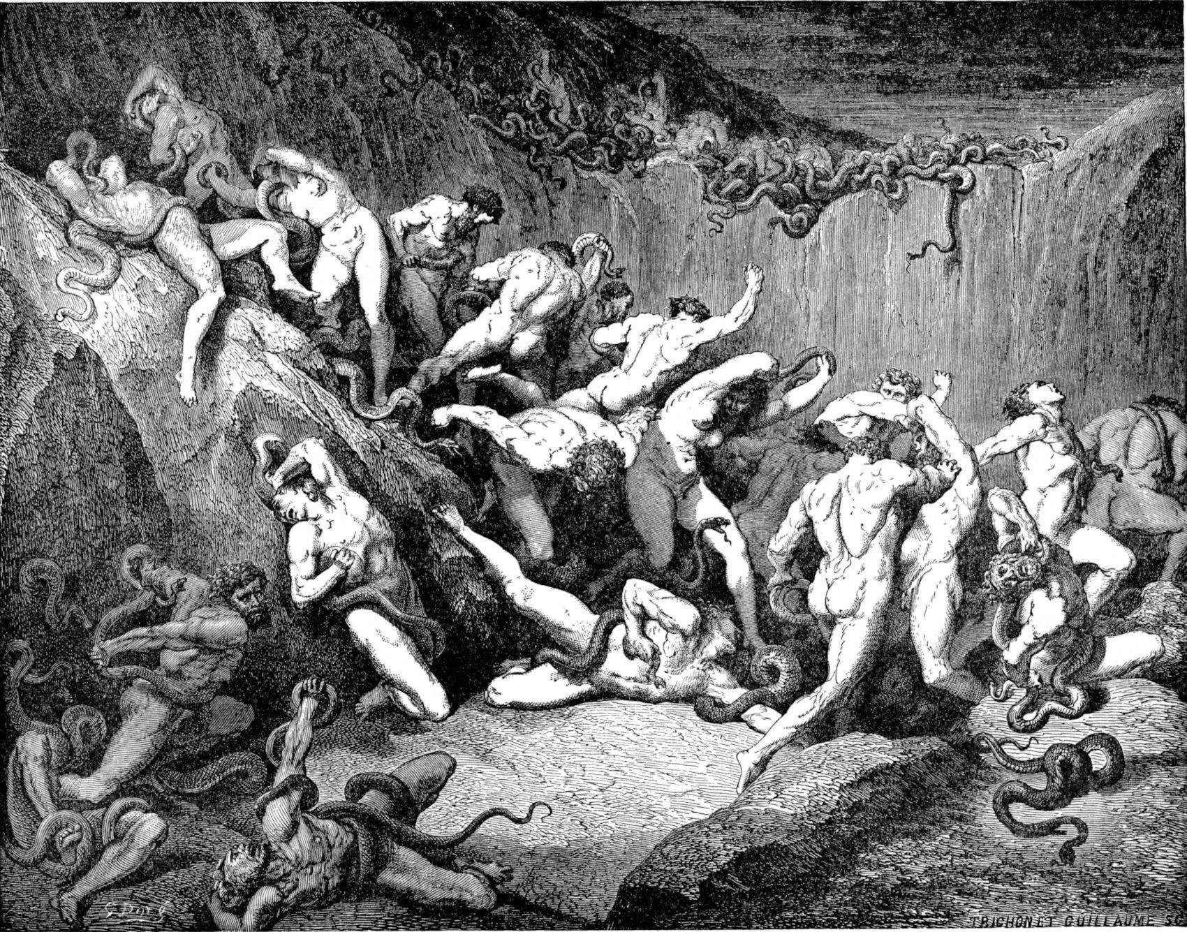 Gustave Dor&eacute;, Die Göttliche Komödie, Die Hölle, Gesang XXIV, Die von Schlangen gequälten Diebe