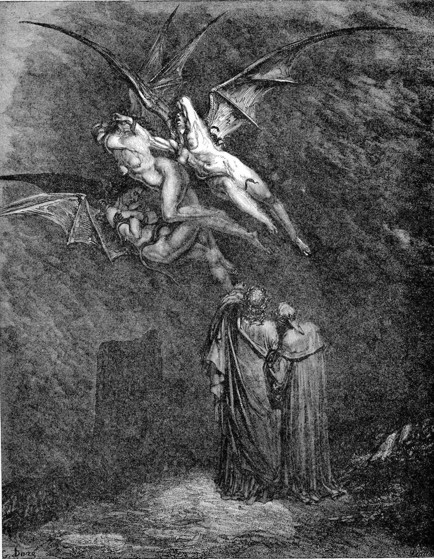 Gustave Dor&eacute;, Die Göttliche Komödie, Inferno, Gesang IX, Megaera, Tisiphone und Alecto