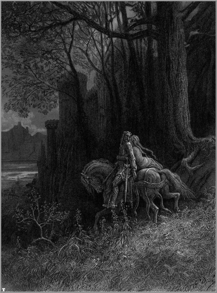 Gustave Dor&eacute;, Die Idyllen des Königs, Geraint und Enid brechen auf (1868; Radierung)