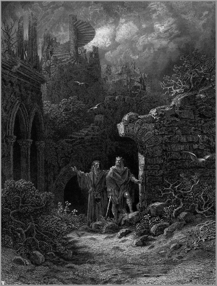 Gustave Dor&eacute;, „Die Idyllen des Königs“: Yniol zeigt Geraint ihre Burgruine (1868; Radierung)