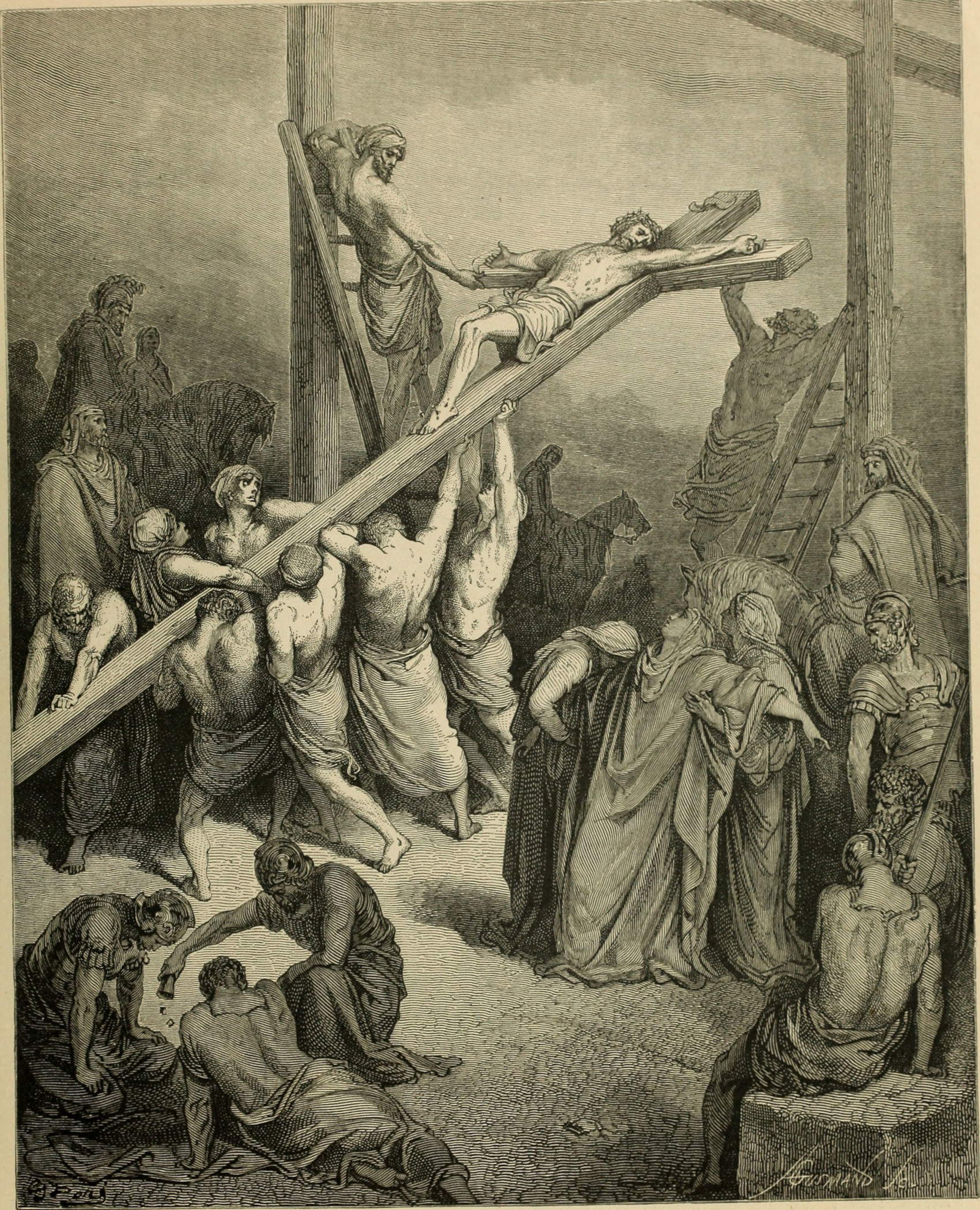 Gustave Dor&eacute;, Die Heilige Bibel, Das Hochheben des Kreuzes (1866; Radierung)