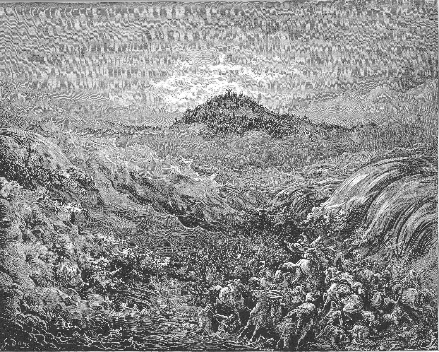 Gustave Dor&eacute;, Die Heilige Bibel, Die Ägypter ertrinken im Roten Meer (1866; Radierung)
