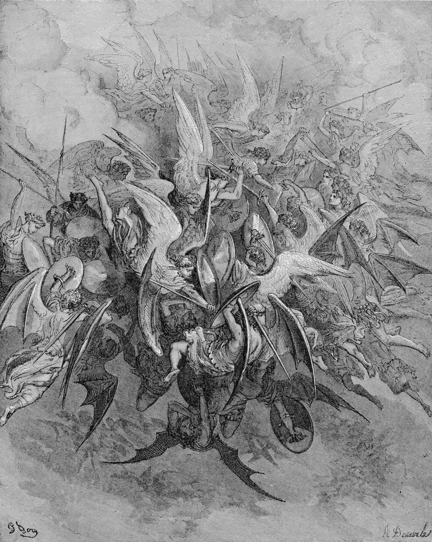 Gustave Dor&eacute;, Das verlorene Paradies, Krieg im Paradies (1866; Radierung)