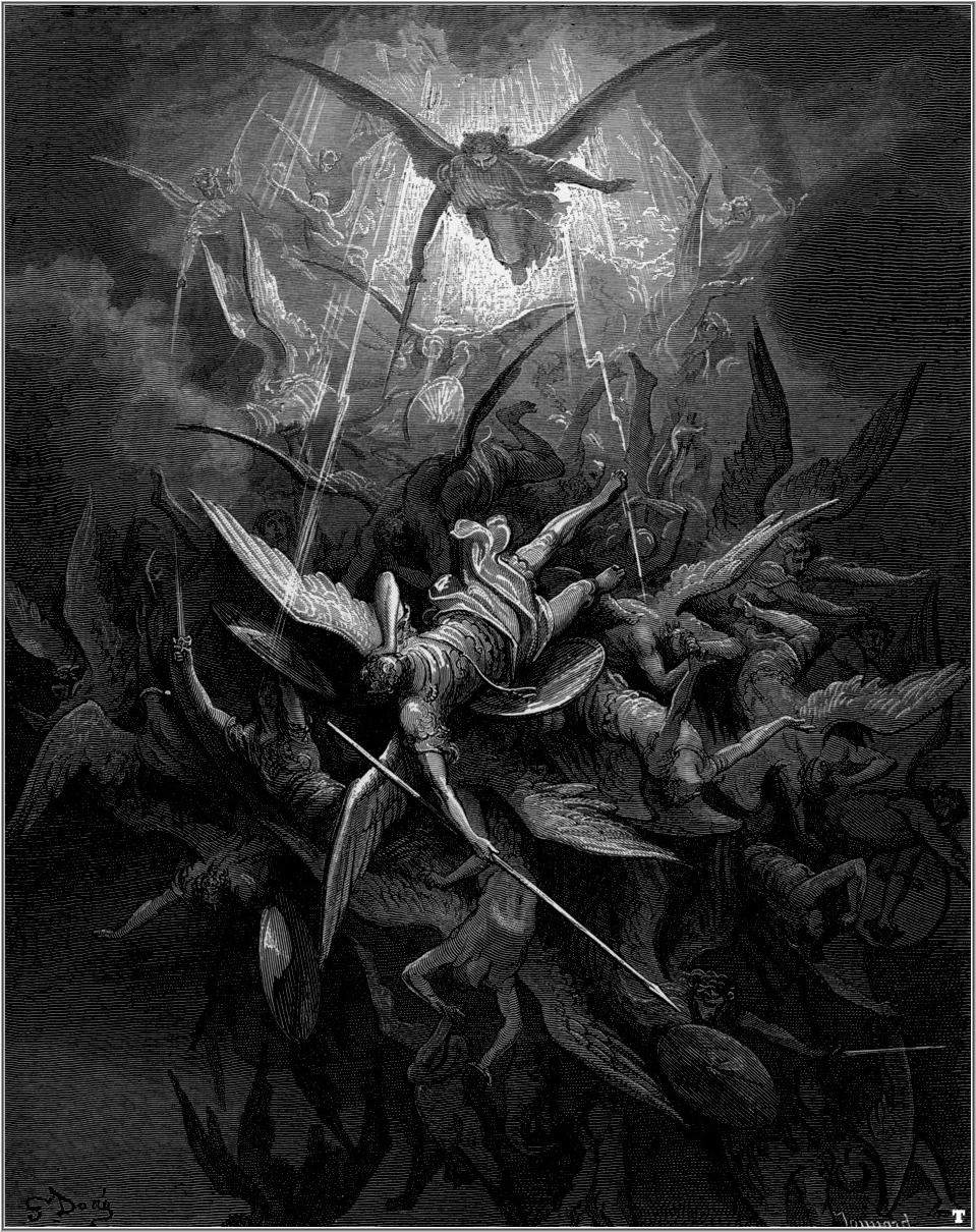 Gustave Dor&eacute;, „Das verlorene Paradies“, Der Erzengel Michael vertreibt die abtrünnigen Engel (1866; Radierung)