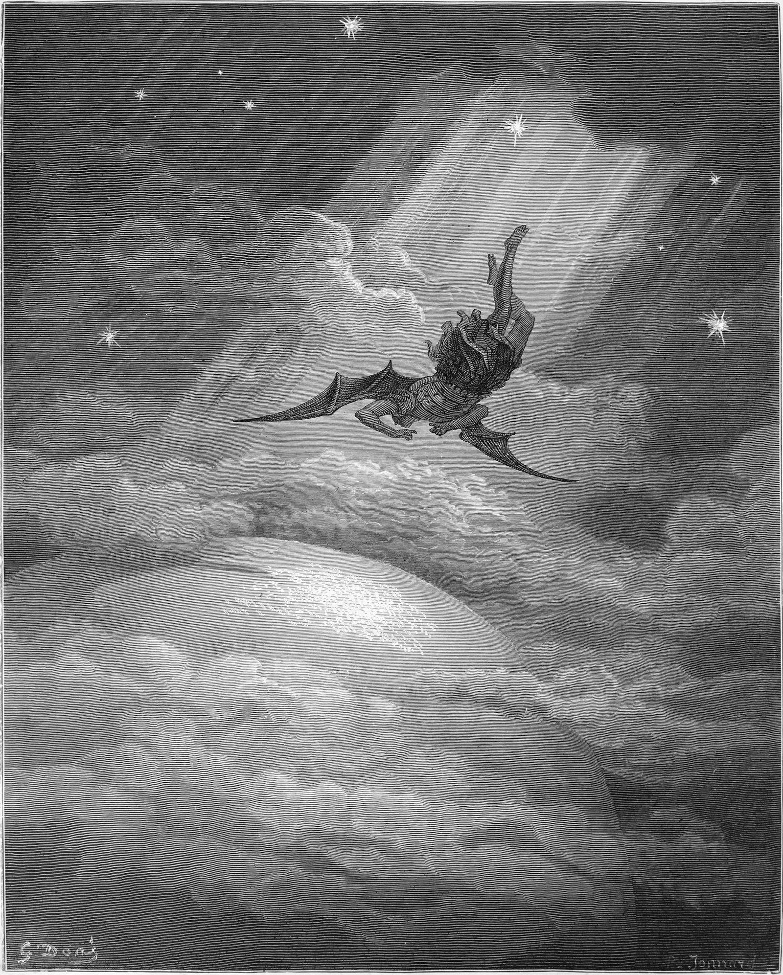 Gustave Dor&eacute;, Das verlorene Paradies, Der geistige Abstieg Luzifers zum Satan (1866; Radierung)