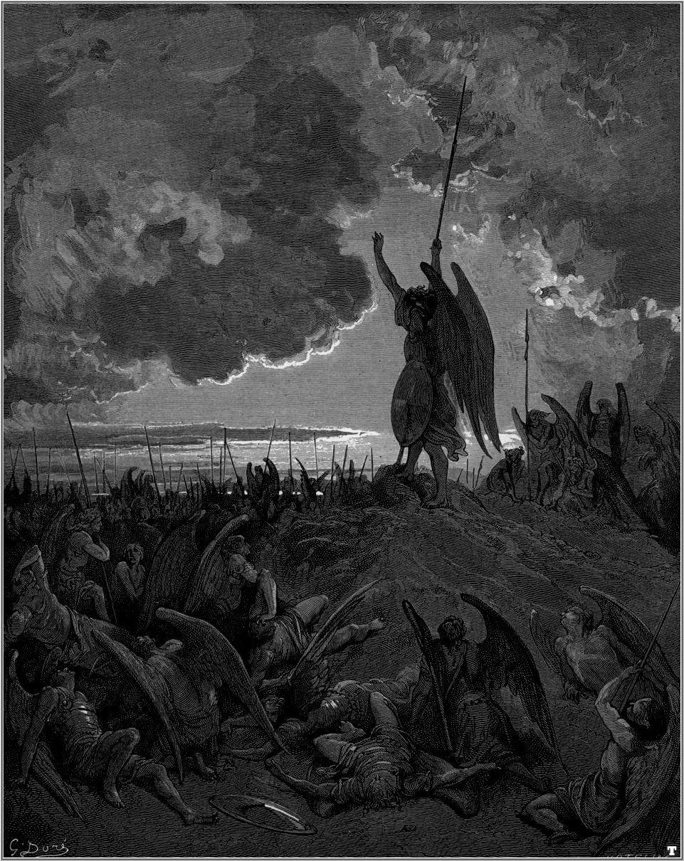 Gustave Dor&eacute;, Das verlorene Paradies, Satan spricht vor dem Rat der Hölle (1866; Radierung)