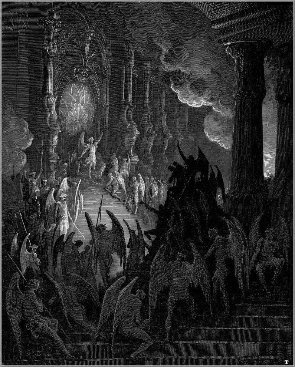 Gustave Dor&eacute;, Das verlorene Paradies: Satan besteigt seinen Thron in der Hölle (1866; Radierung)