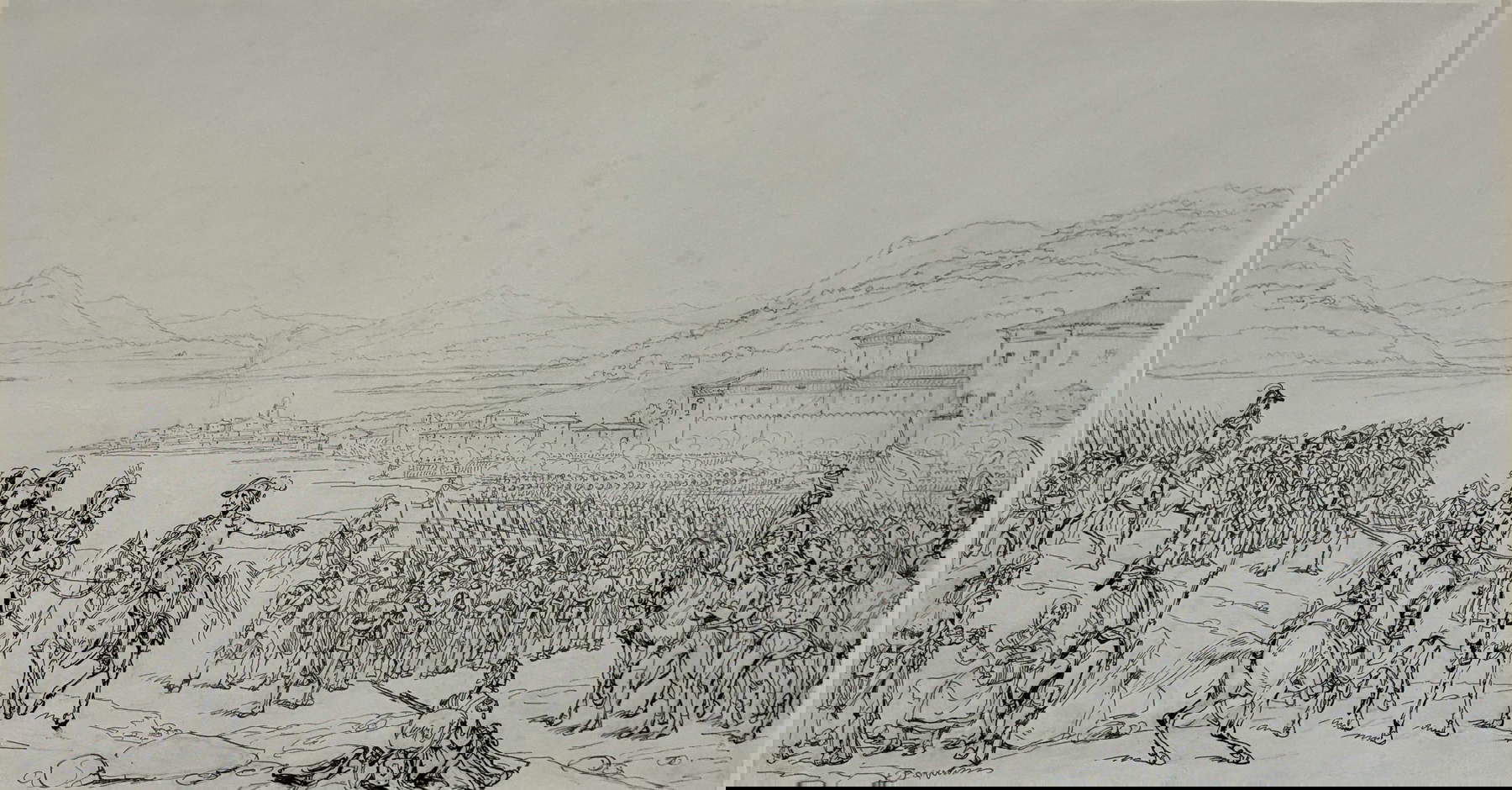 Hippolyte Lecomte, Die Schlacht von Sal&ograve; (um 1834; Tusche und Bleistift auf Papier, 300 x 550 mm; Sal&ograve;, Museo della Citt&agrave; di Sal&ograve;)