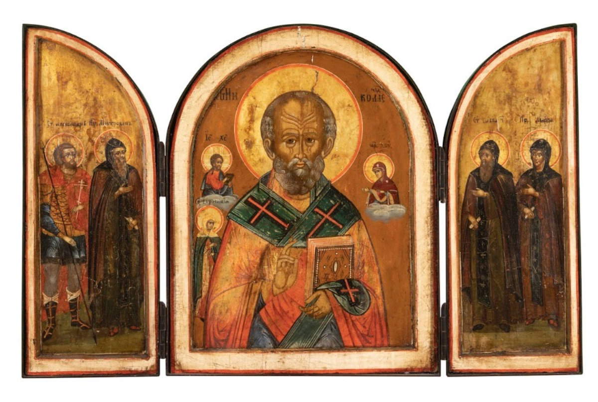 Ambito russo, San Nicola con Santi, Icona da viaggio richiudibile (XVIII sec.; Tempera su legno e foglia d'oro, 31x49 cm (aperta); Brescia, Museo Diocesano)