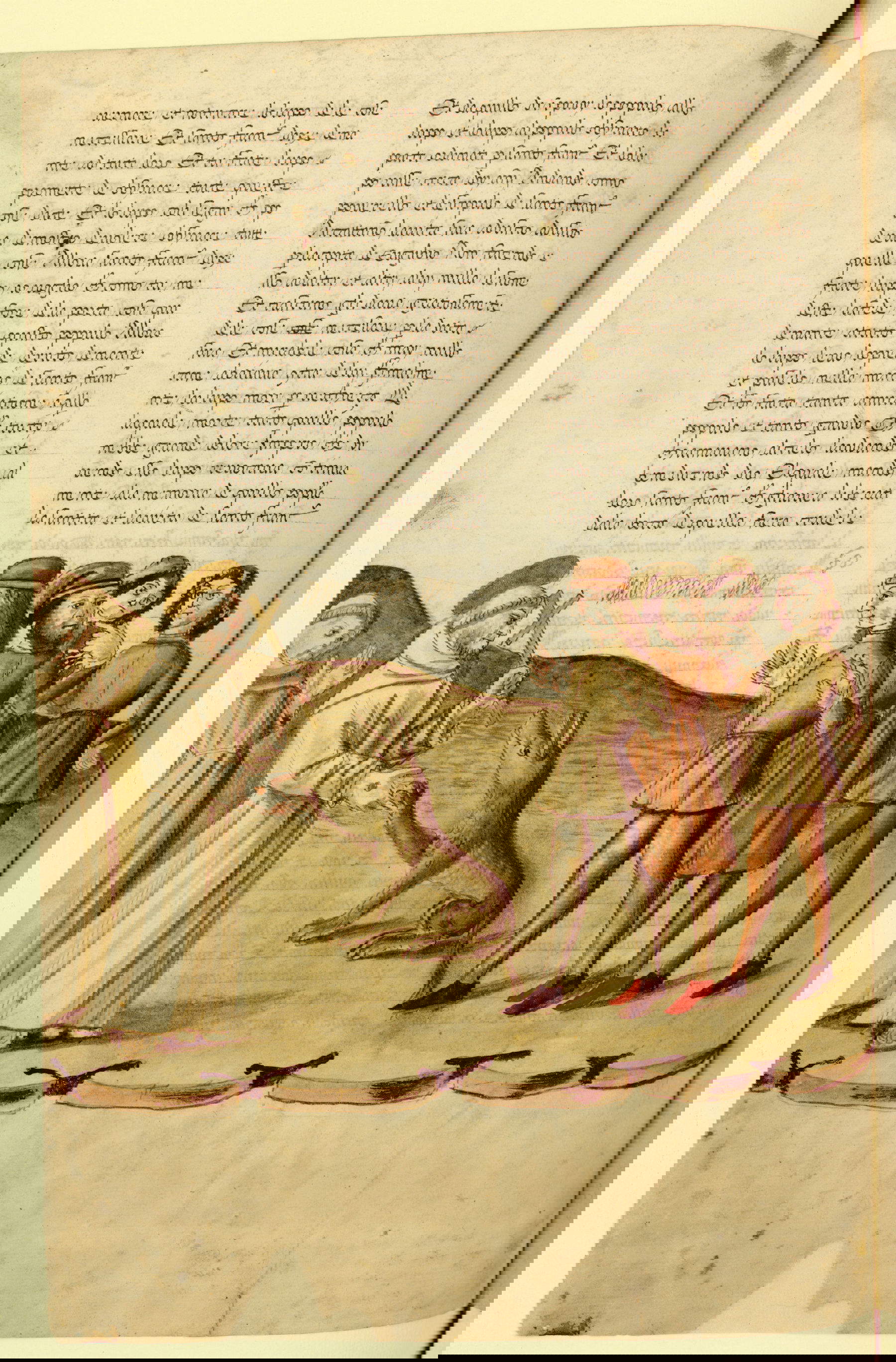 Unbekannt, Franziskus zähmt den Wolf von Gubbio (15. Jahrhundert; Papier, 34 x 25 cm; Assisi, Santa Maria degli Angeli, Porziuncola-Bibliothek, Spiegel des Ordens der Minderen Brüder oder Franceschina)