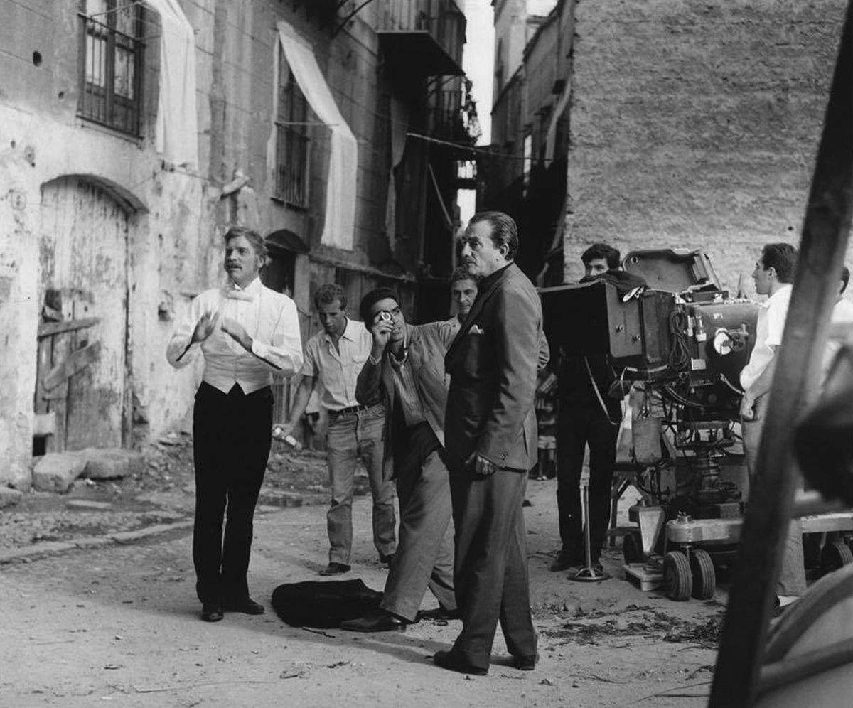 Luchino Visconti and Burt Lancaster on the exterior set of The Leopard (1963), in Piazza Croce dei Vespri, Palermo.