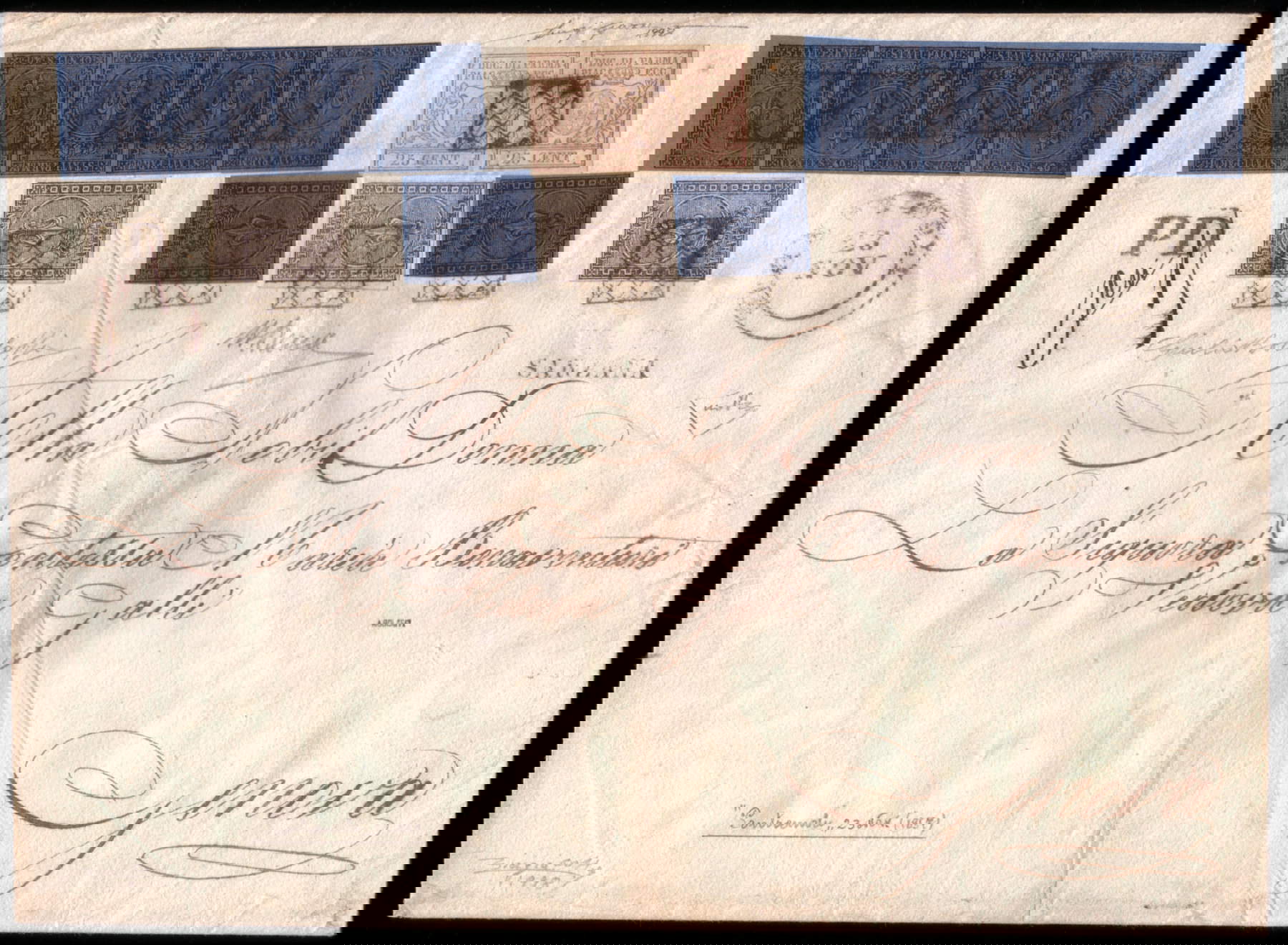 Los 331. PARMA 1857 (23. Nov.) 1. und 3. Ausgabe Umschlag von Pontremoli nach Genua frankiert zu 4,80 Lire mit drei Exemplaren der 10c. schwarz, zwei losen Exemplaren und zwei sehr seltenen Viererstreifen der 40c. hellblau sowie einem Paar der 25c. Bruno lila. Außergewöhnlicher Beleg, der die höchste Frankatur des Herzogtums Parma darstellt und zu den größten Raritäten aller altitalienischen Staaten zählt. Universell anerkannt als