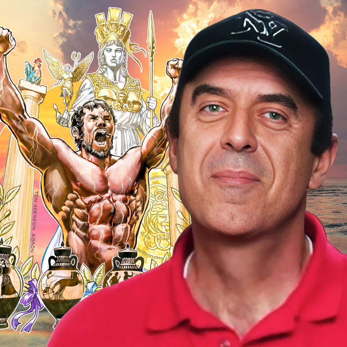 Sal Velluto y la ilustración del Atleta de Taranto. Foto: MArTA Museo Arqueológico Nacional