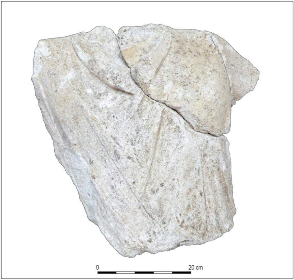 Busto del cavaliere drappeggiato, pulito, visto di fronte, con il rimontaggio di due frammenti della spalla. &copy; Inrap