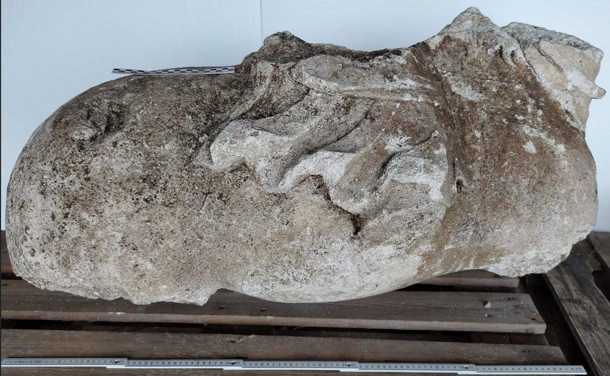 Frammento principale della statua equestre ripulito, corpo di cavallo visto dal lato destro. &copy; Inrap