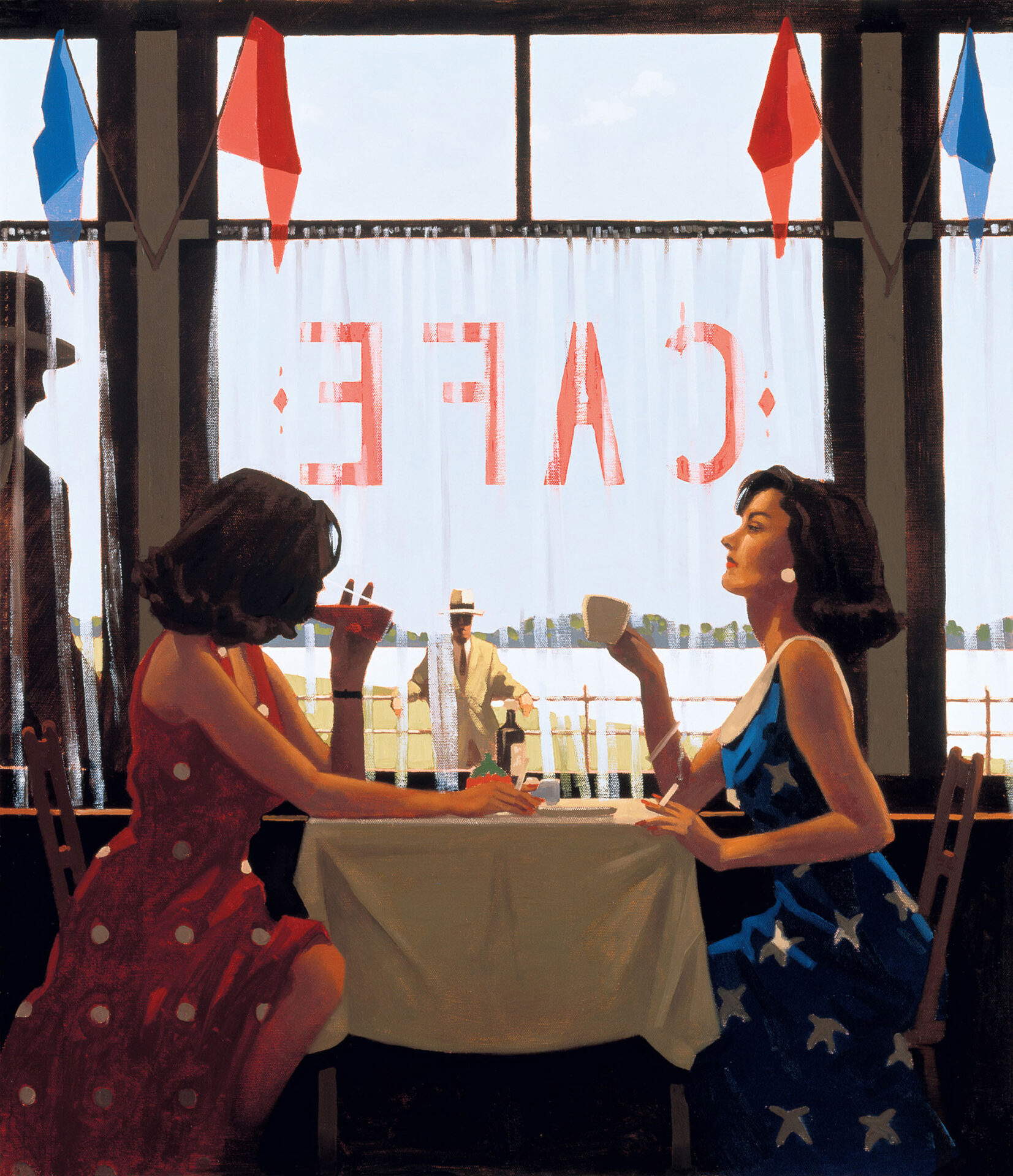 Jack Vettriano, Caf&eacute; Days, (1995 ; œuvre sur papier de mus&eacute;e, 80 x 60 cm)