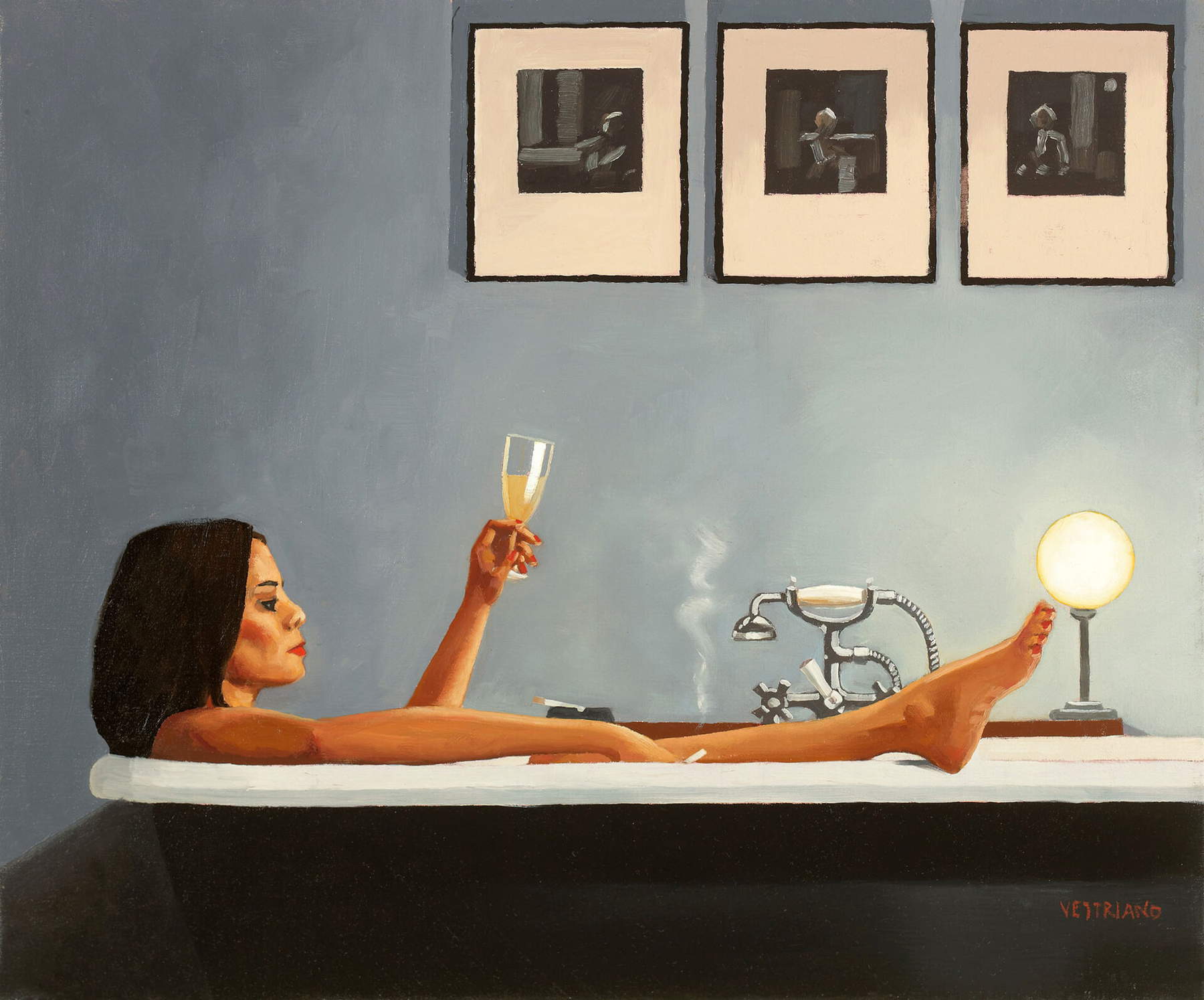 Jack Vettriano, Nigh-Time Rituals (2012 ; œuvre sur papier de musée, 38 x 31 cm)