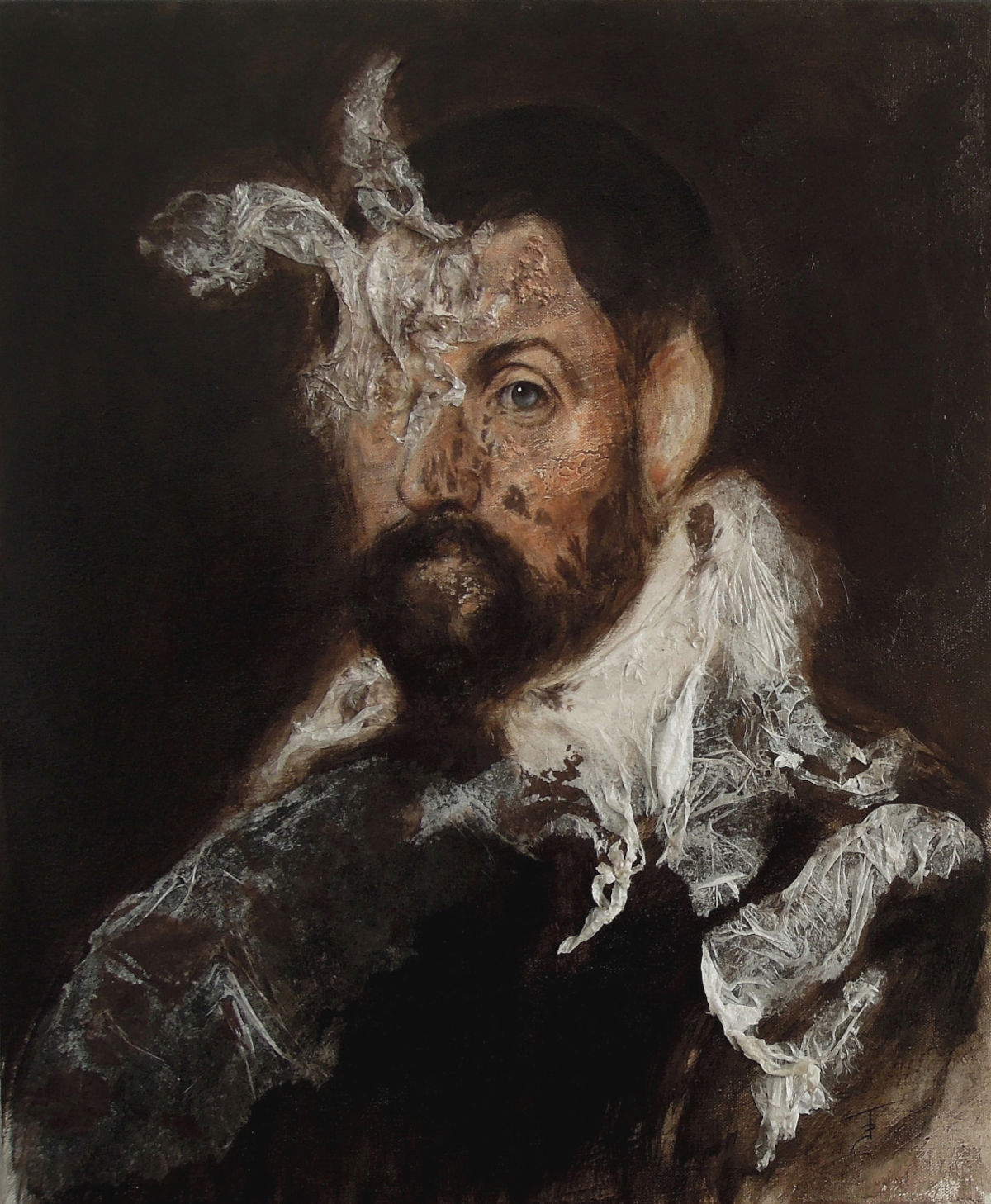 Jacopo Dimastrogiovanni, Iniuria (Omaggio a J. Tintoretto) (2016; acrilico, pastello e carte su tela, 55 x 45 cm) Su concessione di Mondoromulo Arte Contemporanea