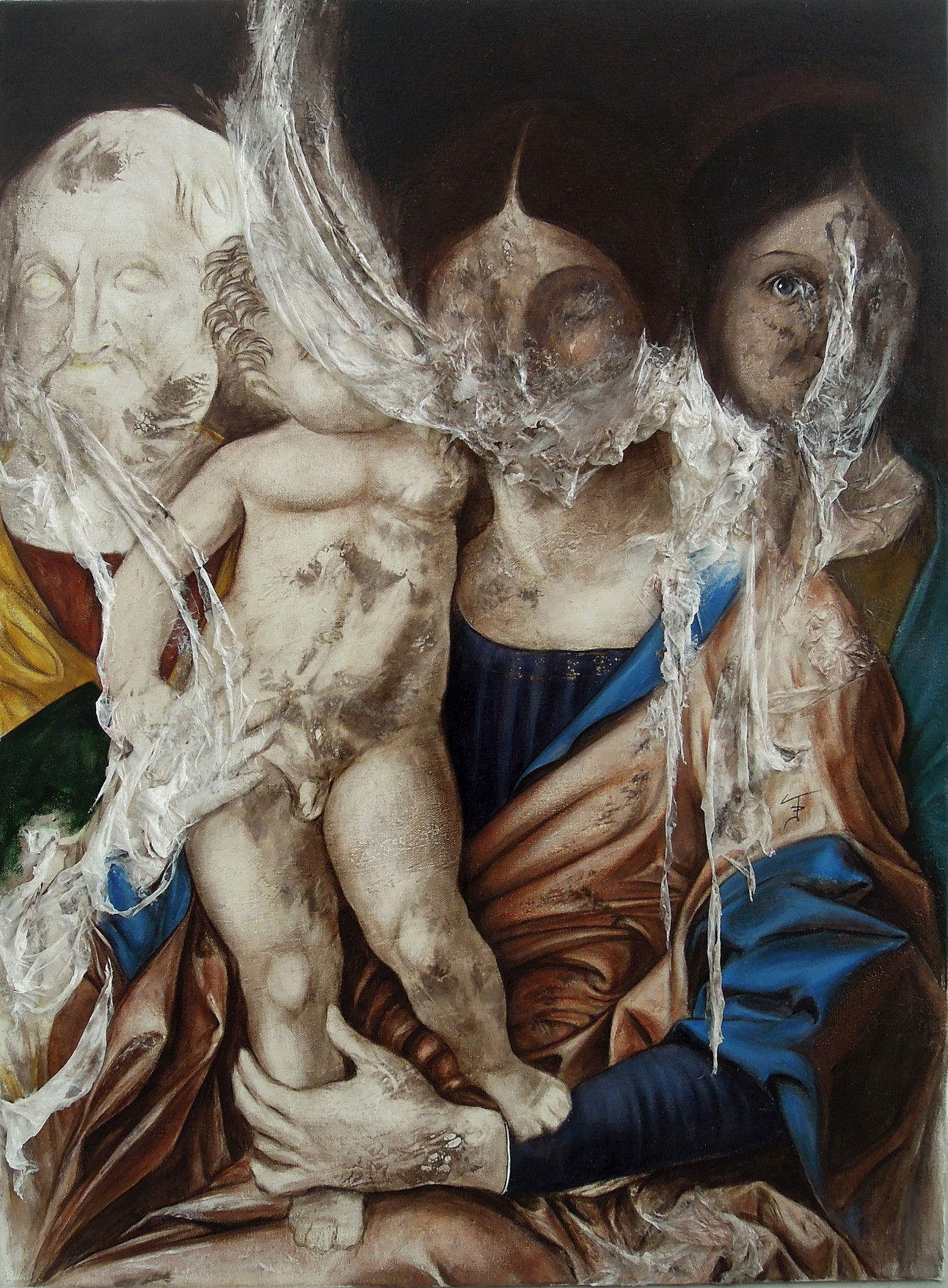 Jacopo Dimastrogiovanni, Muta conversazione (omaggio a Mantegna) (2016; acrilico, pastello e carte su tela, 73 x 54 cm)