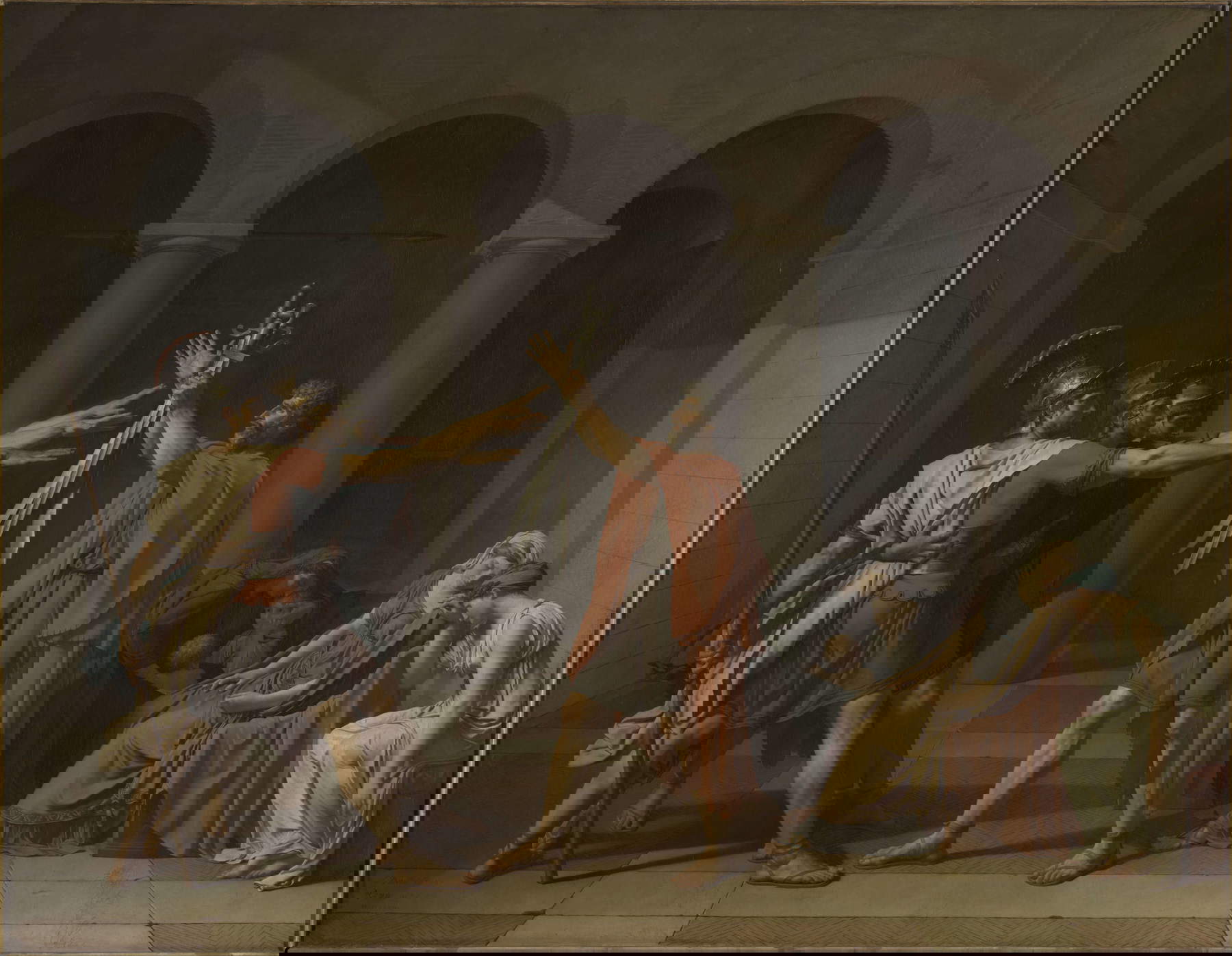 Jacques-Louis David, Giuramento degli Orazi (1784; olio su tela, 329,8 x 424,8 cm; Parigi, Louvre)