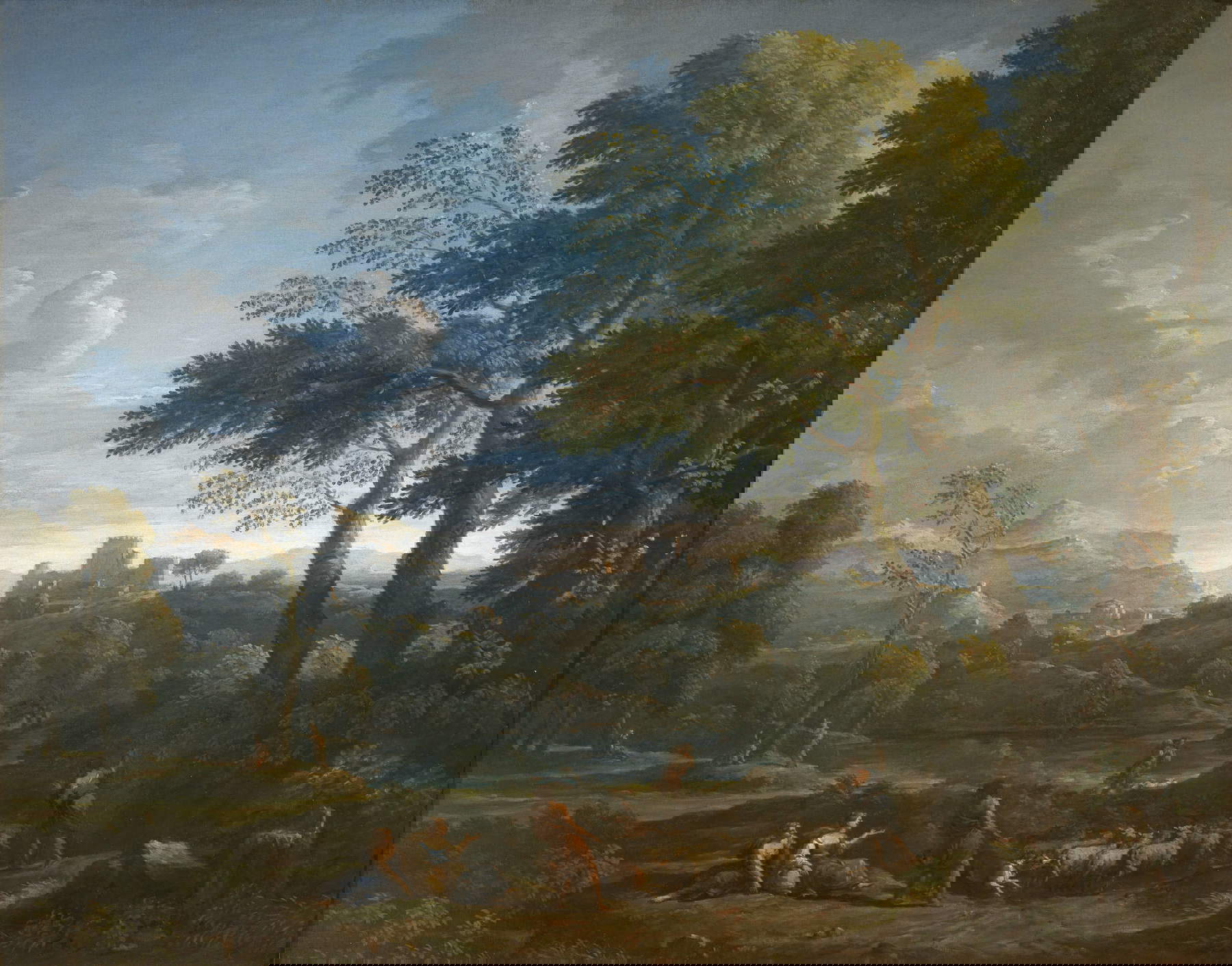 Jan Frans van Bloemen, Paesaggio della campagna romana con laghetto, figure di pastori e sullo sfondo un castello (olio su tela, 121x151 cm)