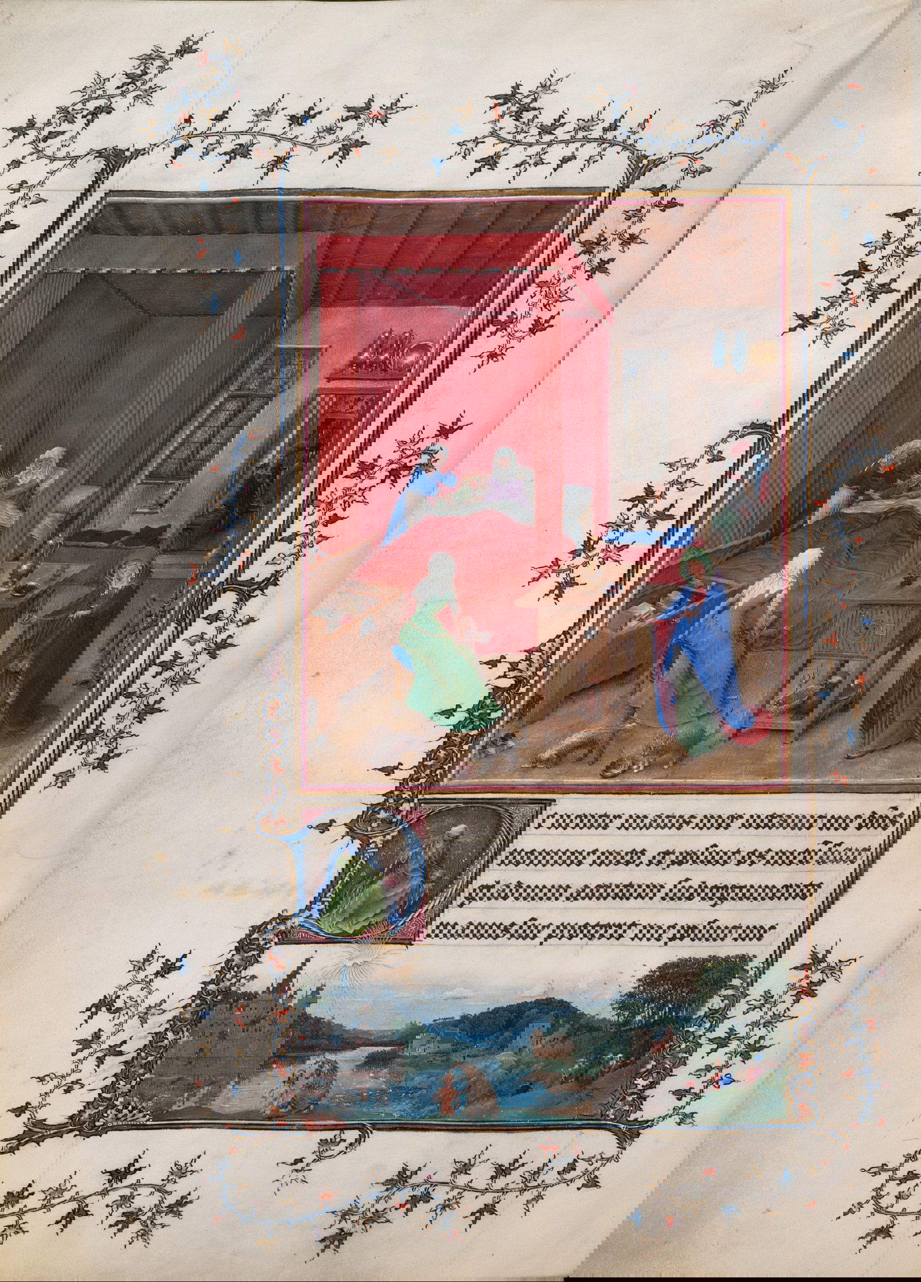 Jan Van Eyck, Tr&egrave;s Belles Heures de Notre Dame de Jean de Berry, codice noto anche come Ore di Torino-Milano, Nascita del Battista e Battesimo di Cristo (1420-1424, 20,3 x 28,3 cm)