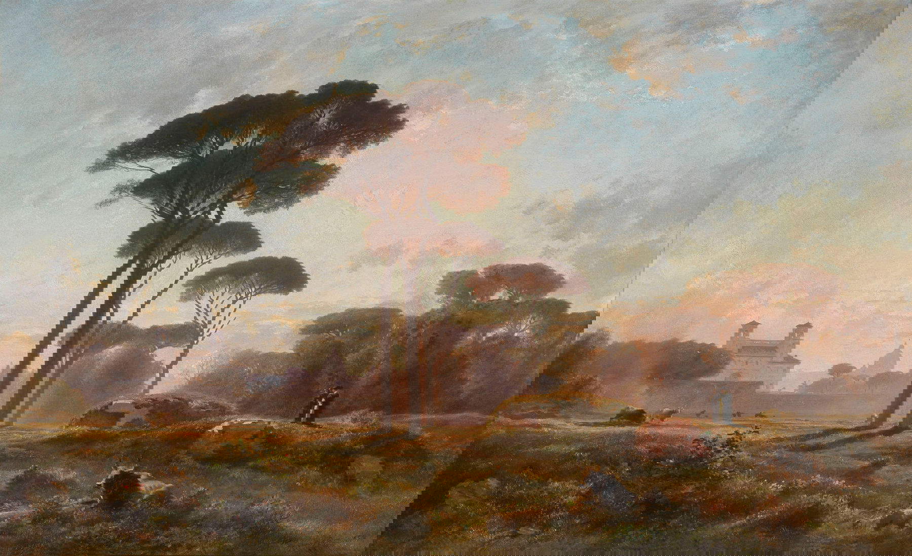 Jean-Achille Benouville, Blick auf die Villa Medici (1864; Öl auf Tafel, 55 x 91 cm - Signiert, lokalisiert und datiert unten rechts: Benouville Rom 1864; Provenienz: Verkauf von Prinzessin Mathilde Bonaparte, Paris, 18-19 Mai 1904, Nr. 90, 210 F) Bibliographie: La Gazette de l'Hotel Drouot, 25. April 1980, Nr. 17, S. 64; Verkaufskatalog Tableaux modernes, Versailles, 7. Mai 1980, S. 24, Nr. 85Marie- Madeleine Aubrun, Achille Benouville (1815-1891), Werkverzeichnis, Paris, 1986, S. 107, Nr. 69; Renato Mammuccari, Ottocento Romano. Neoklassizismus, Realismus, Dekadentismus, Divisionismus, 2011, S. 24