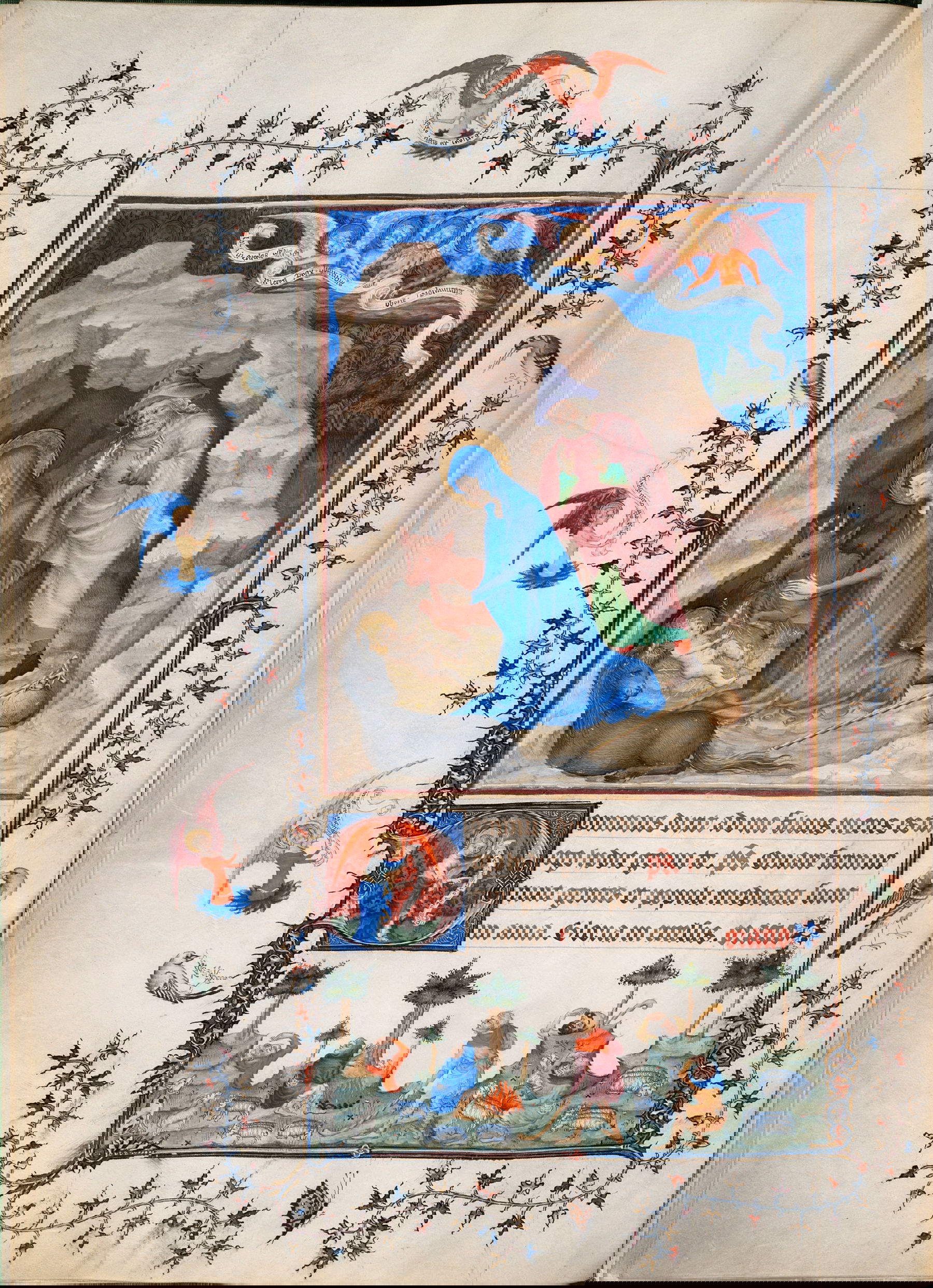 Jean d&rsquo;Orl&eacute;ans, Tr&egrave;s Belles Heures de Notre Dame de Jean de Berry, codice noto anche come Ore di Torino-Milano, Nativit&agrave; e Annuncio ai pastori (1390 &ndash; 1400; 20,3 x 28,3 cm)