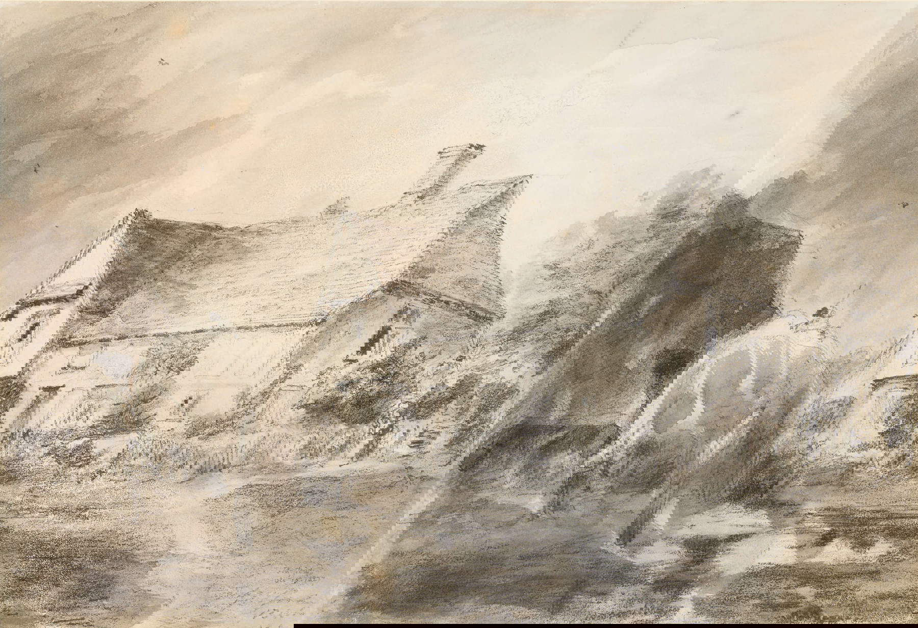 John Constable, A house and haystack at Flatford (1827; black chalk and gray watercolor on paper, inscribed and dated, 221 x 326 mm)