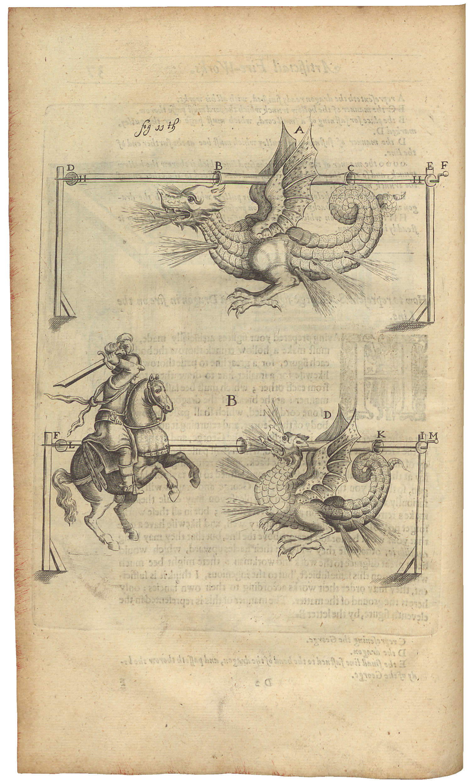 John Gunner Babington (17e/17e siècle), Pyrotechnia, or, A Discourse of artificial fire-works..., Londres, 1635 : automate avec effets pyrotechniques représentant Saint Georges affrontant le dragon.
