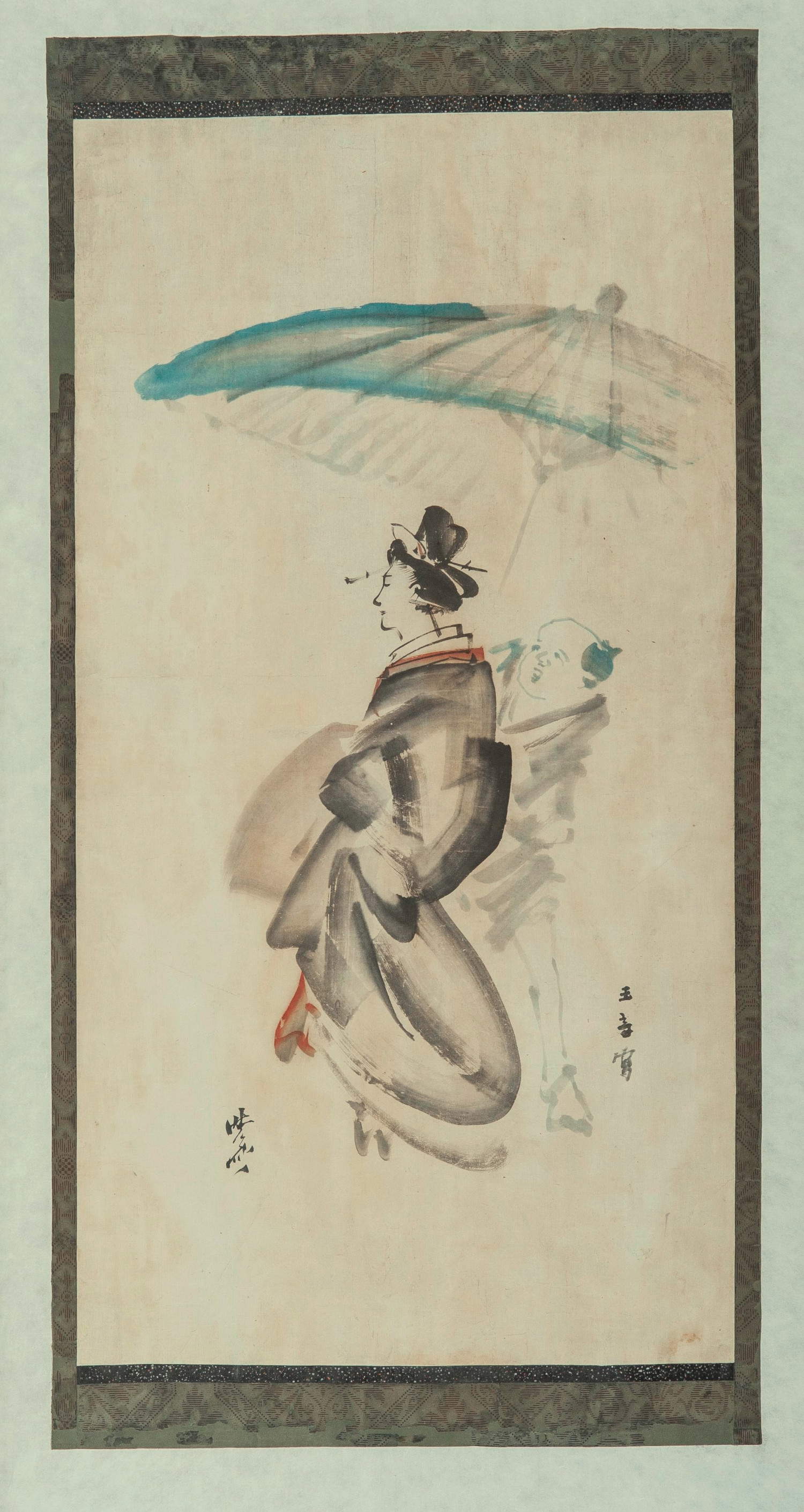 Kawanabe Kyōsai, Kawabata Gyokushō, Courtesan and attendant with parasol (1879; ink and watercolor on paper, 129 x 67 cm; inv. 2201)