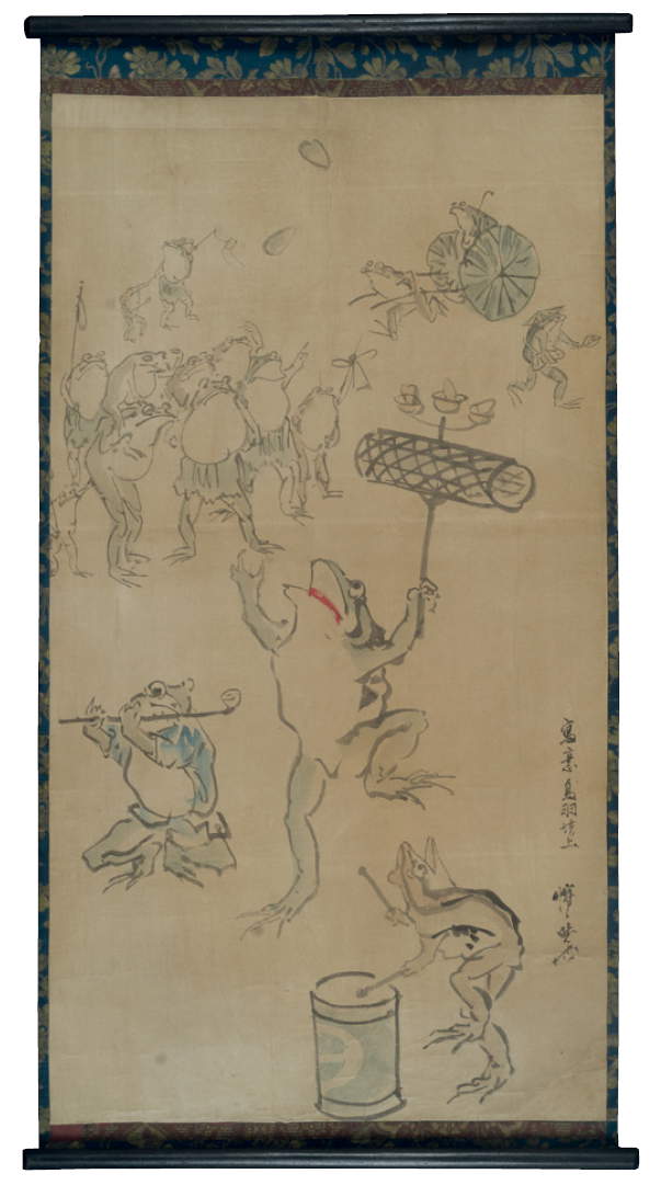 Kawanabe Kyōsai, Frogs Playing and Playing (1879; ink and watercolor on paper, 119.80 x 60.90 cm; inv. 2204)