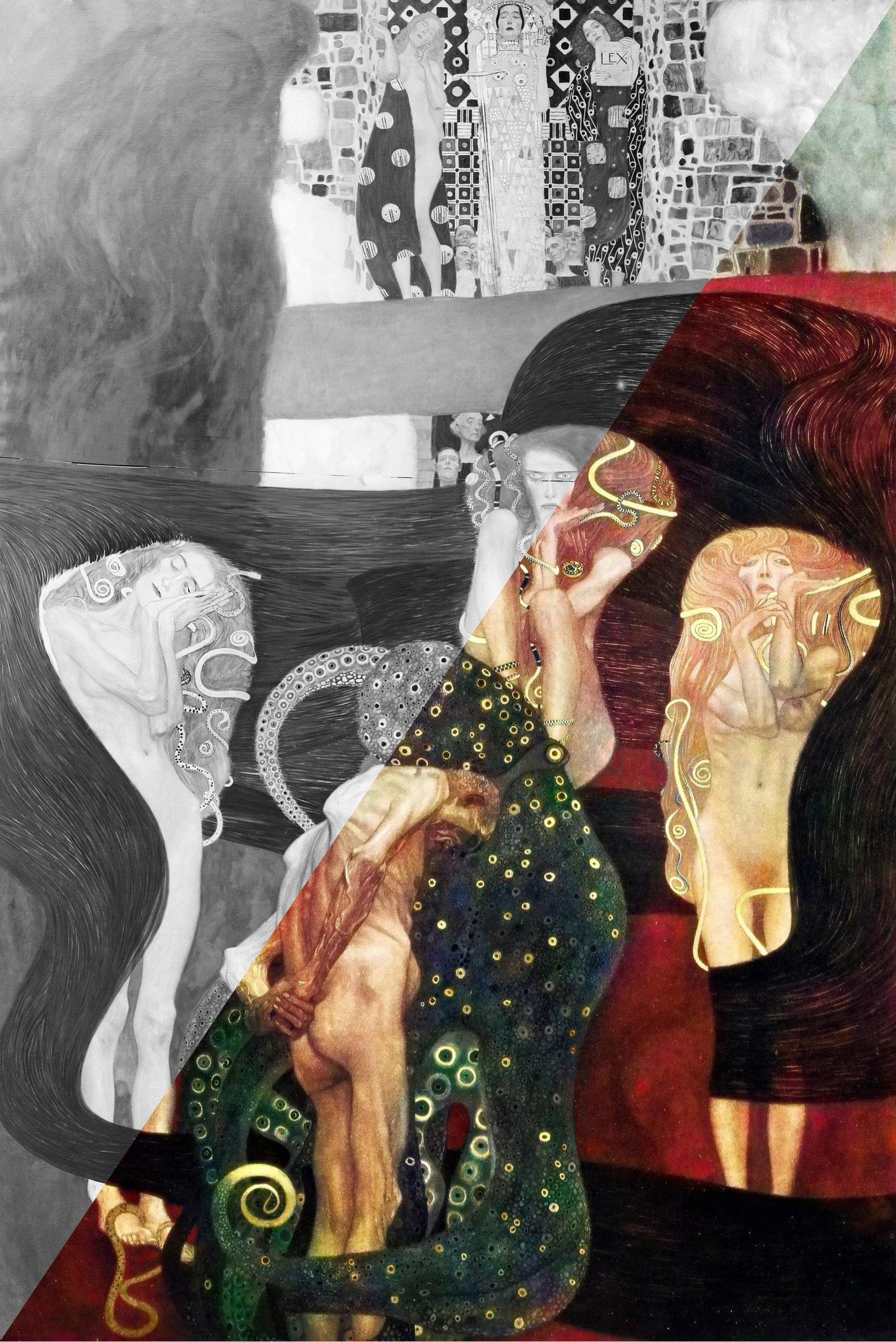 Gustav Klimt, Faculty Painting The Law, 1900-1907, historical photograph compared with recoloring (2021). Belvedere, Vienna/Google image. Graphic design: SCHIENERL D/AD, Vienna