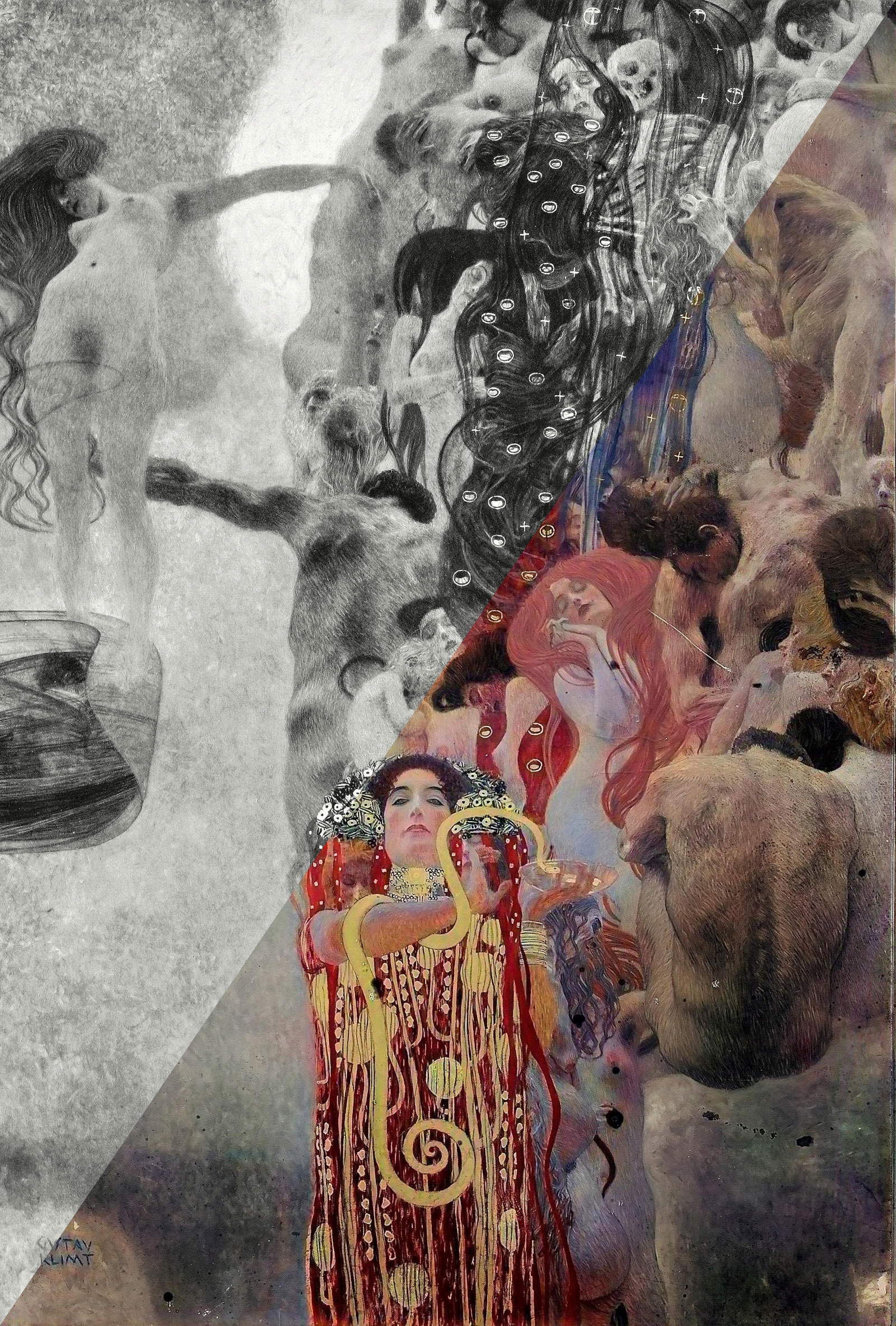 Gustav Klimt, Faculty Painting The Medicine, 1901, historical photograph compared with recoloring (2021). Belvedere, Vienna/Google image. Graphic design: SCHIENERL D/AD, Vienna