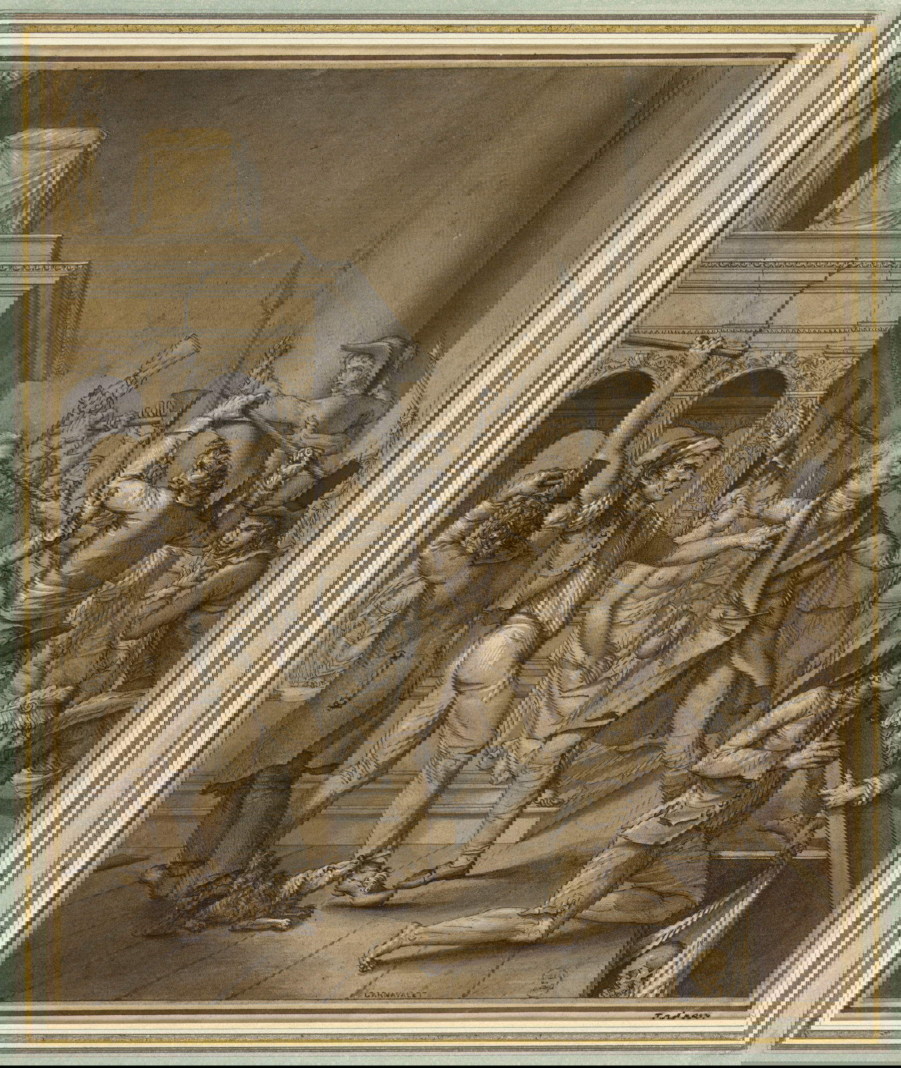 Pierre Joseph Lafontaine, Alexandre Lenoir s'oppose à la destruction du mausol&eacute;e de Louis XII à Saint-Denis (octobre 1793 ; plume, encre de Chine, lavis de bistre, rehauts de blanc, gouache sur papier, 27,8 x 23,2 cm - non encadr&eacute; ; Paris, mus&eacute;e Carnavalet - Histoire de Paris) Photo : Paris Musees Collections