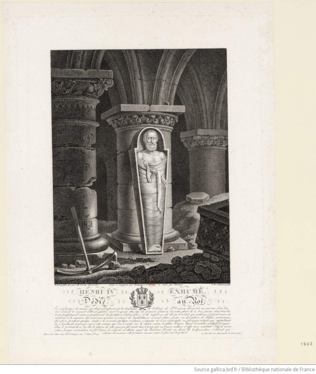 Langlois du Pont de l'Arche d'apr&egrave;s une peinture de Fran&ccedil;ois Gabriel Th&eacute;odore Basset de Jolimont, Henri IV exhum&eacute;/D&eacute;di&eacute; au Roi (Avant 1837 ; eau-forte ; Paris, Biblioth&egrave;que nationale de France) Photo : Gallica.bnf
