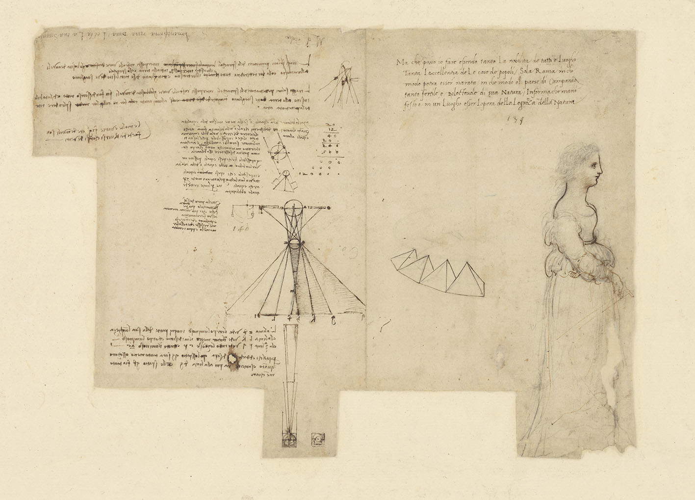 Leonardo da Vinci (1452-1519) Codex Atlanticus, folio 816 recto. Estudio de pesos; arriba, rayos de sol atravesando nubes; abajo, teoría sobre las sombras - Copyright Veneranda Biblioteca Ambrosiana &copy;Veneranda Biblioteca Ambrosiana/ Metis y Mida Informatica/Mondadori Portfolio