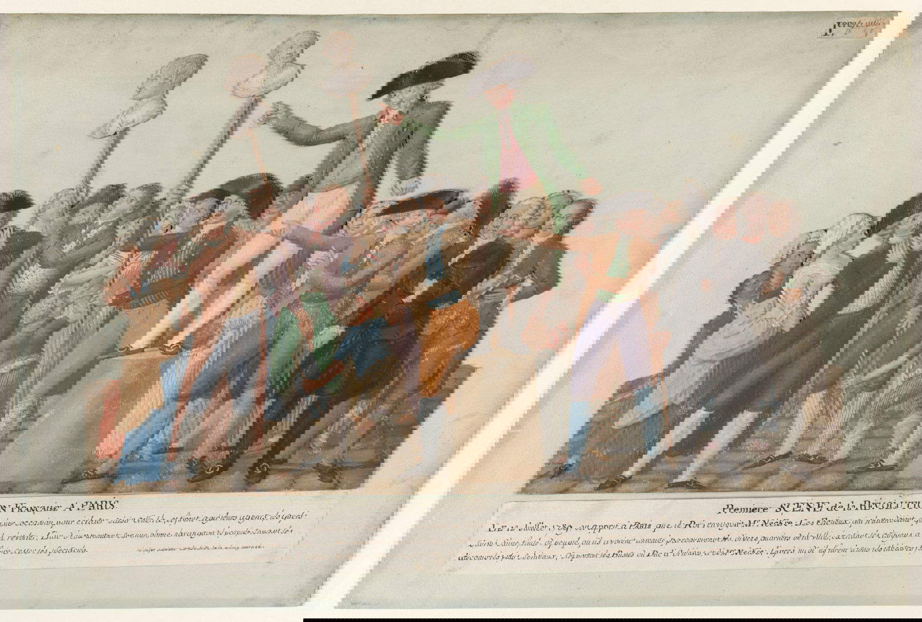 Jean-Baptiste Denis Marie Lesueur, Prima scena della Rivoluzione francese a Parigi, ostentazione dei busti del duca d'Orl&eacute;ans e di Necker, il 12 luglio 1789 (1789/1790; guazzo, carta, cartone; 36 x 53,5 cm; Parigi, Mus&eacute;e Carnavalet &ndash; Histoire de Paris). Su concessione di Paris Mus&eacute;es.