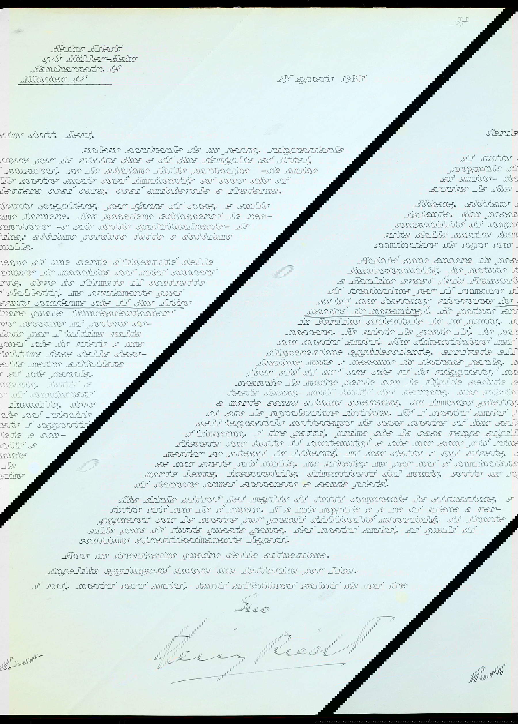 Lettre de Levi à Riedt, 25.8.1961 Lettre de Levi à Riedt, 25.8.1961