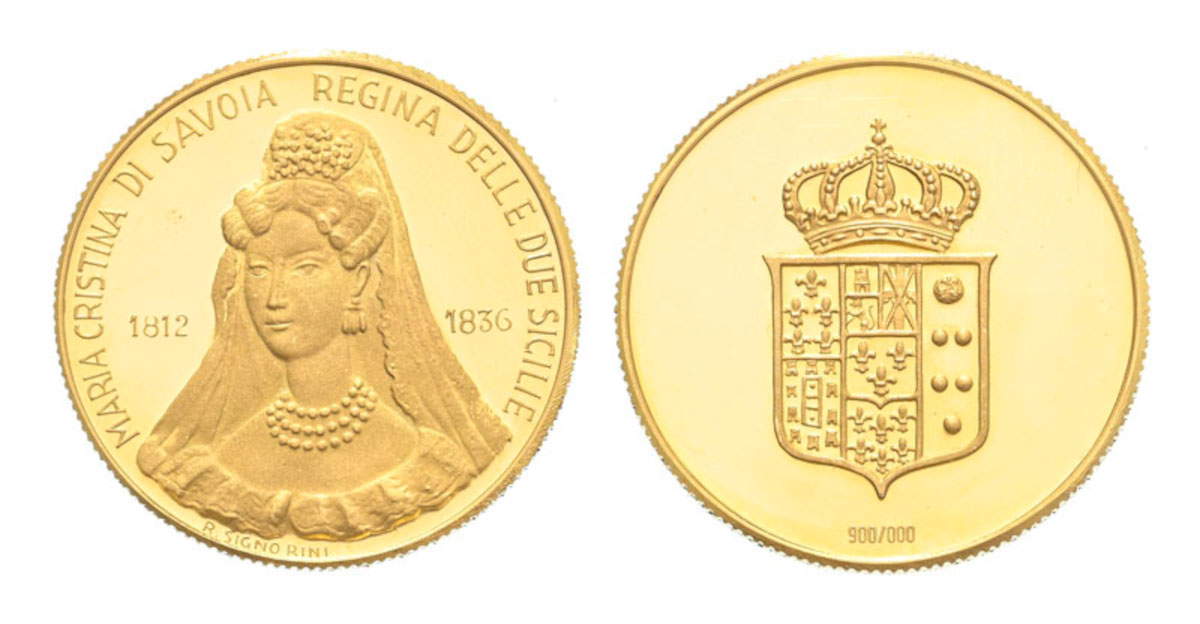 Lote 1079. Casa de Saboya María Cristina de Saboya, reina de las Dos Sicilias (1812-1836), medalla conmemorativa de oro 900, diámetro 3,05 cm. Estimación 1.000-1.500 euros