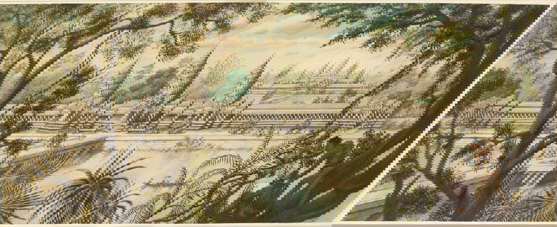 Louis Delaporte, Colonnade de l'entr&eacute;e ouest et vue g&eacute;n&eacute;rale d'Angkor Vat (c. 1870-1873; watercolor on paper; Paris, Mus&eacute;e Guimet) / Thierry Ollivier