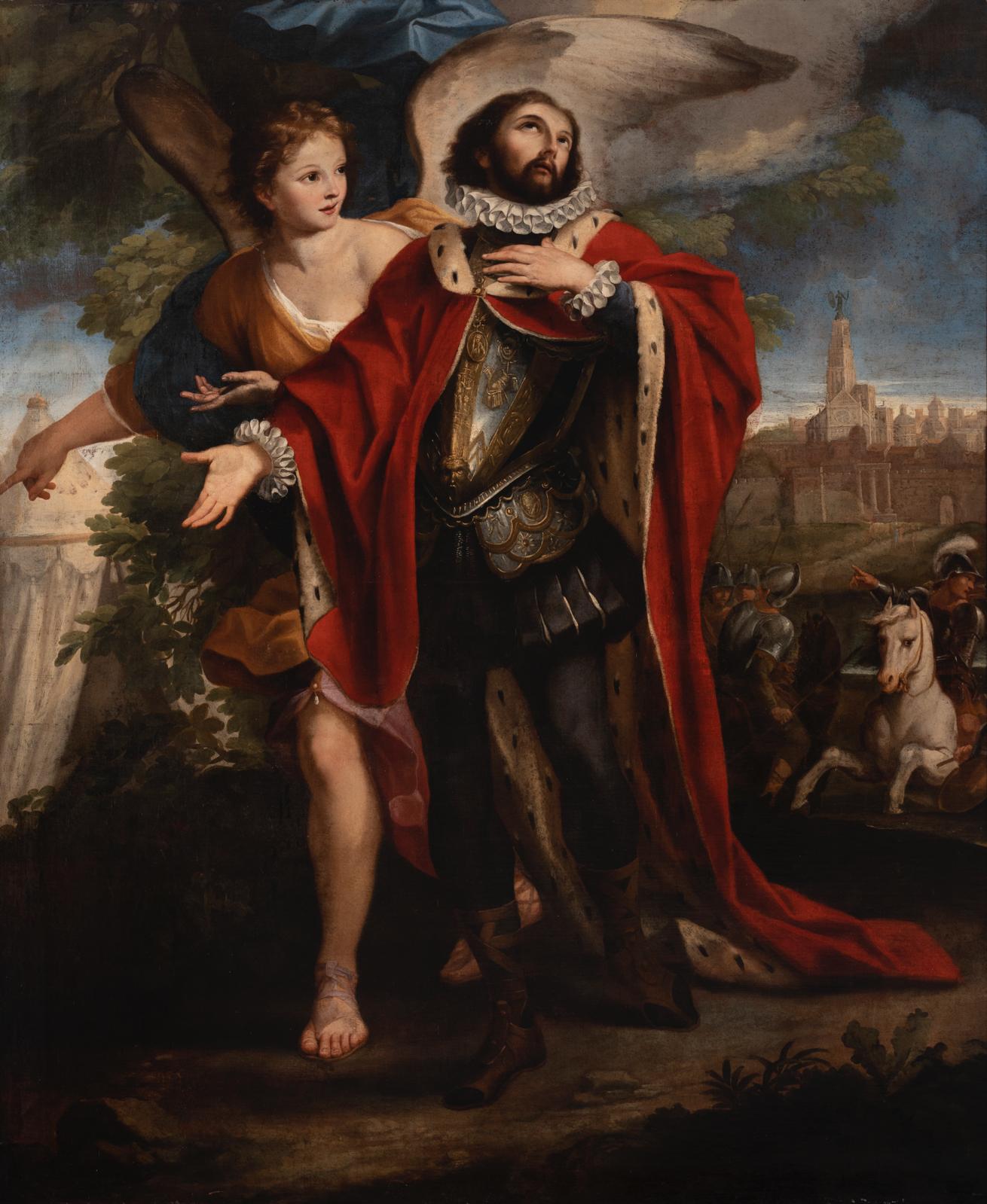 Ludovico Gimignani, Saint Ferdinand guidé par l'ange pendant le siège de Séville (après 1671 ; huile sur toile, 241 x 201 cm ; Séville, cathédrale)