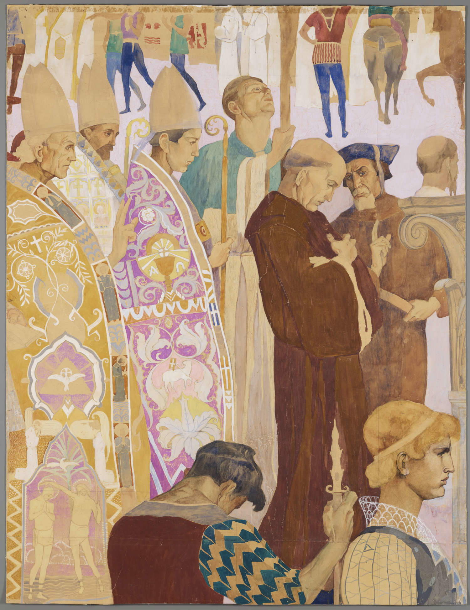 Luigi Bonazza, Empfang von drei Kardinälen im Palazzo a Prato während des Konzils von Trient, vorbereitende Zeichnung für das Fresko im Palazzo delle Poste in Trient (1932-1933; Rovereto, Mart, Museum für moderne und zeitgenössische Kunst von Trient und Rovereto, Autonome Provinz Trient - Oberaufsichtsbehörde für das Kulturerbe)